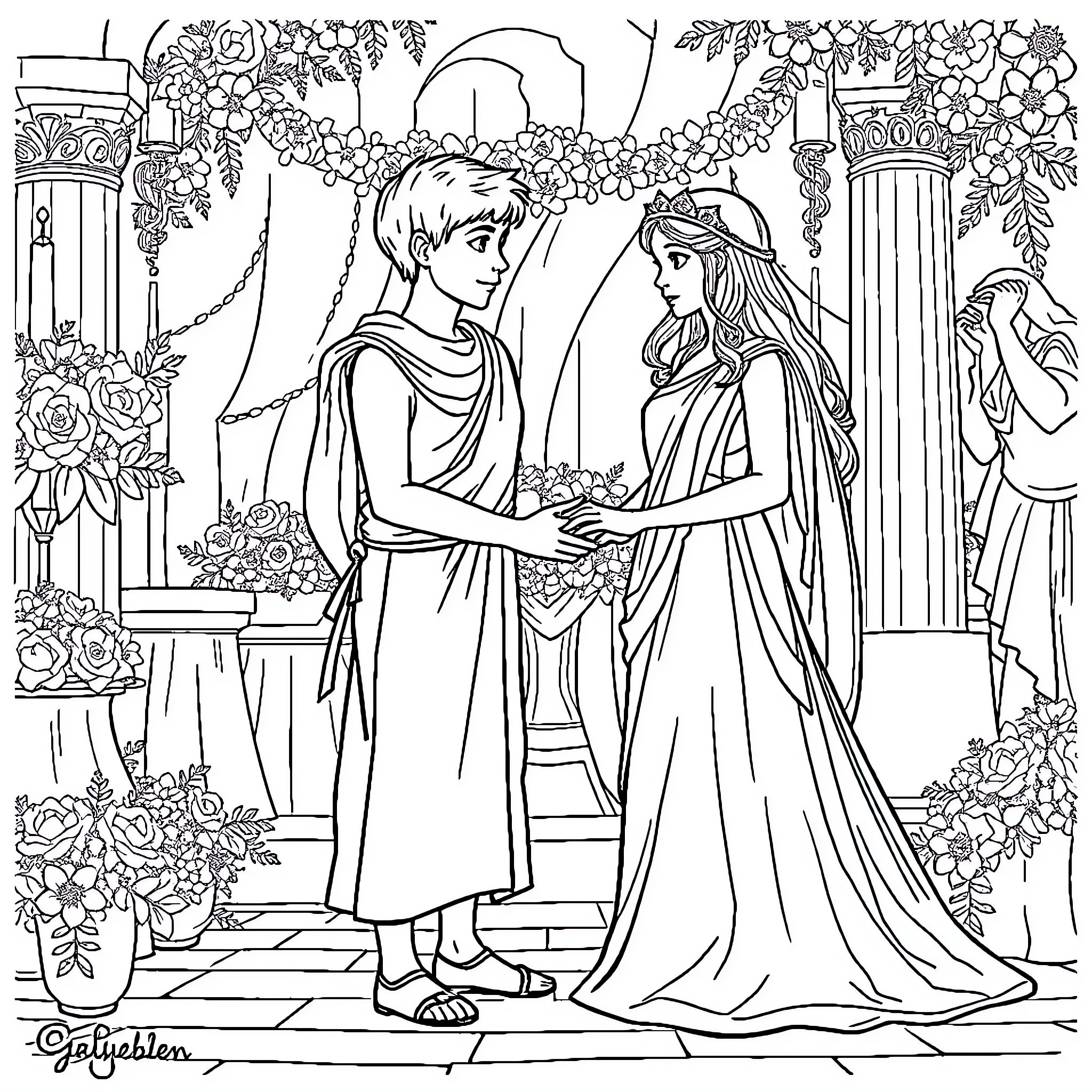 Teenagers at a Formal Wedding Ceremony Coloring Page (free black-and-white line drawing printable PDF for all, from beginners to advanced learners, including children, teens, adults, and seniors)