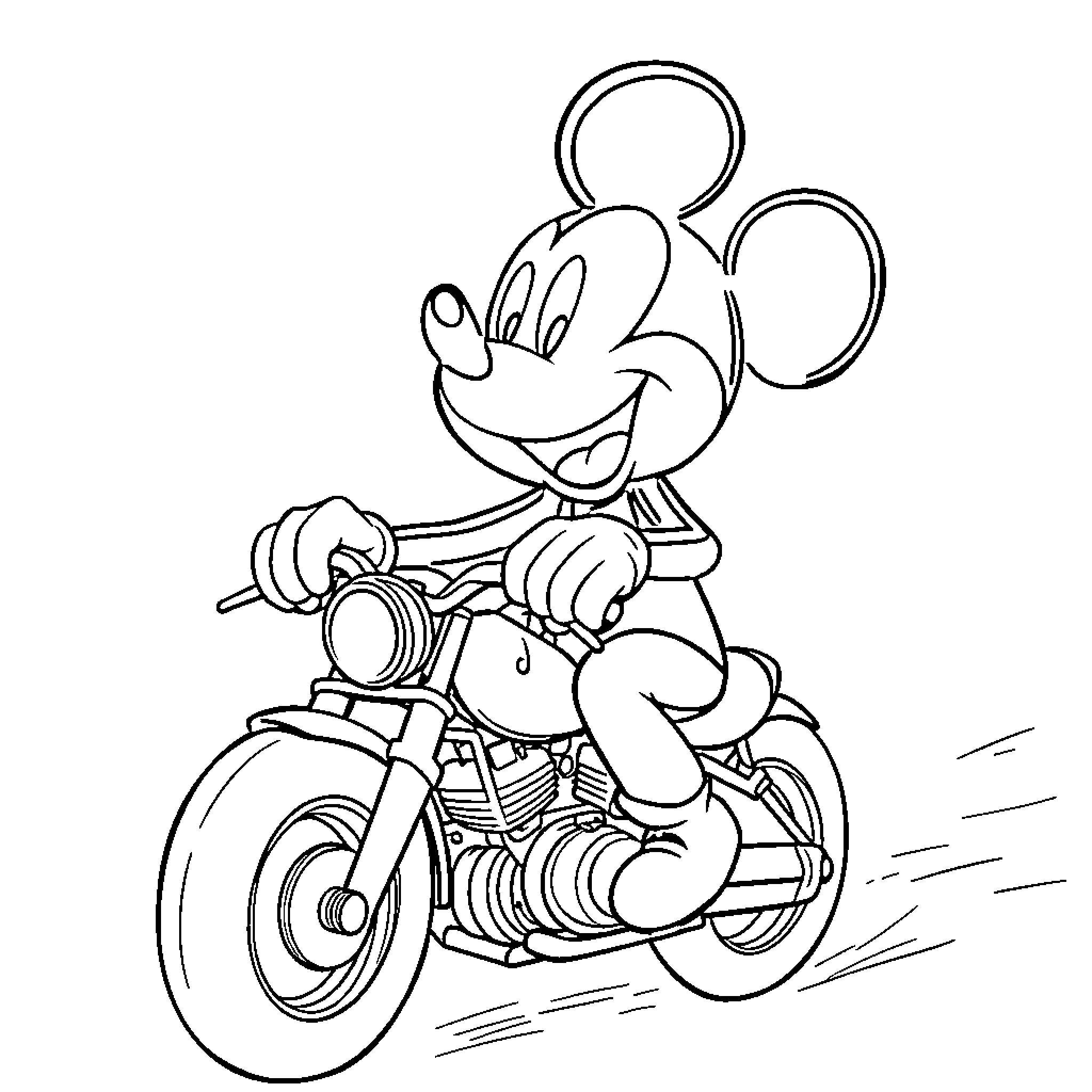 Mickey riding a motorcycle with enthusiasm Coloring Page (free black-and-white line drawing printable PDF for all, from beginners to advanced learners, including children, teens, adults, and seniors)