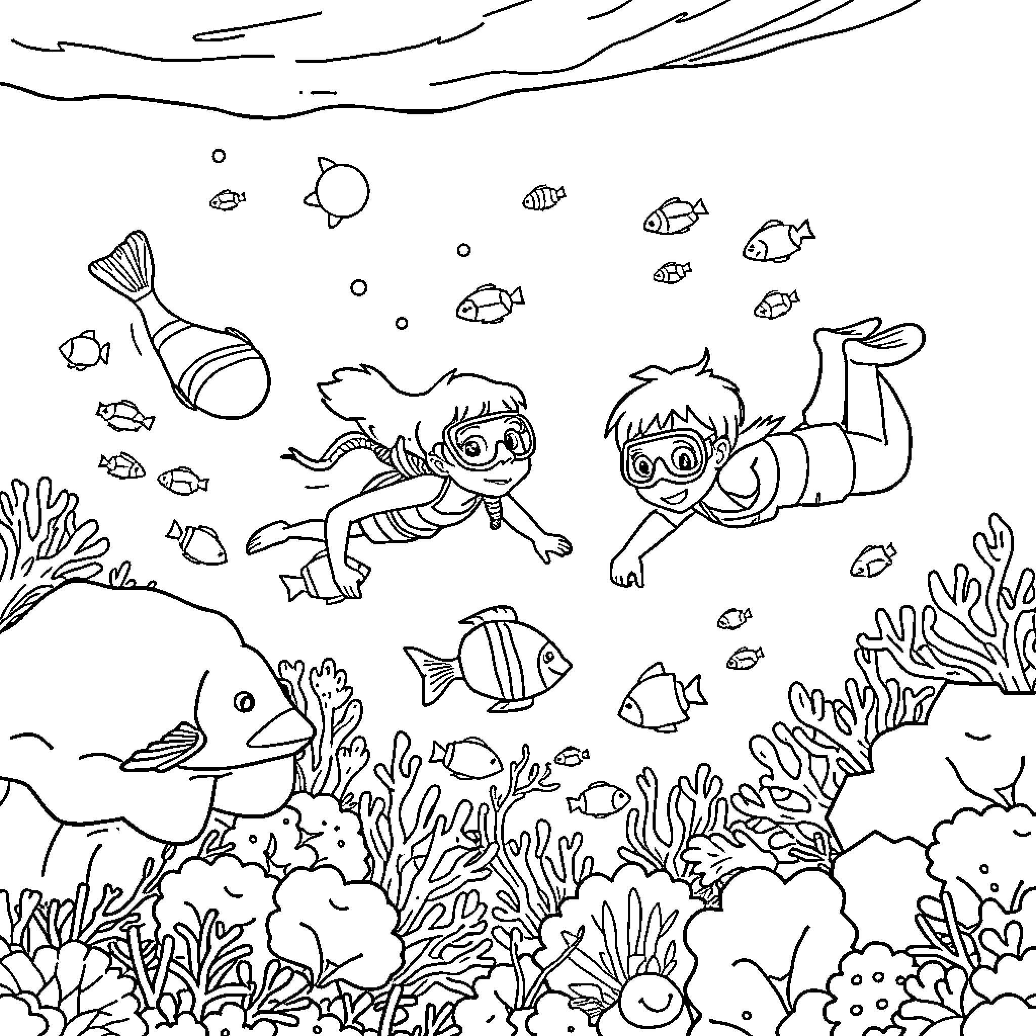 Children exploring underwater coral reef and marine life Coloring Page (free black-and-white line drawing printable PDF for all, from beginners to advanced learners, including children, teens, adults, and seniors)