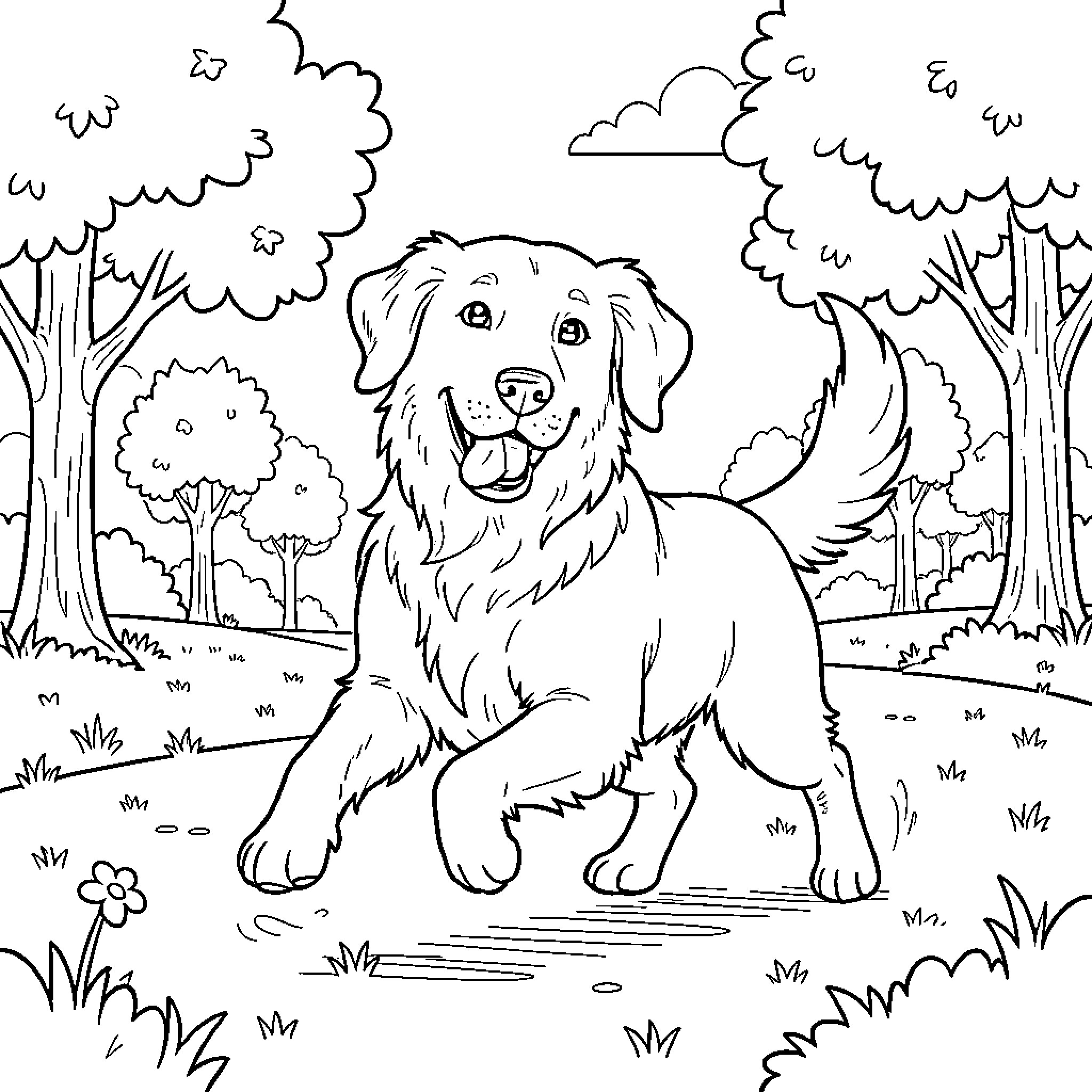 Golden Retriever running happily through a forest landscape Coloring Page (free black-and-white line drawing printable PDF for all, from beginners to advanced learners, including children, teens, adults, and seniors)