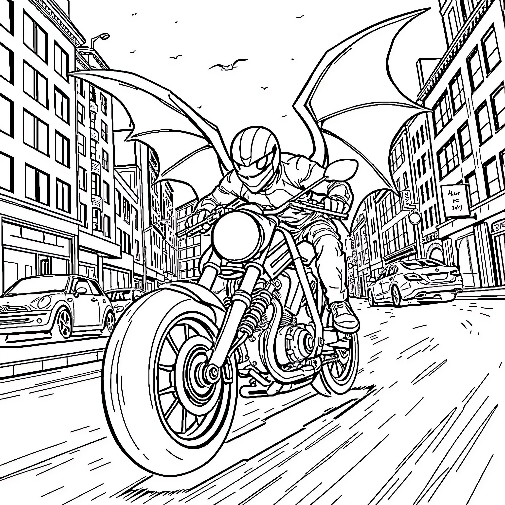 Motorbike rider speeding through the city streets Coloring Page (free black-and-white line drawing printable PDF for all, from beginners to advanced learners, including children, teens, adults, and seniors)