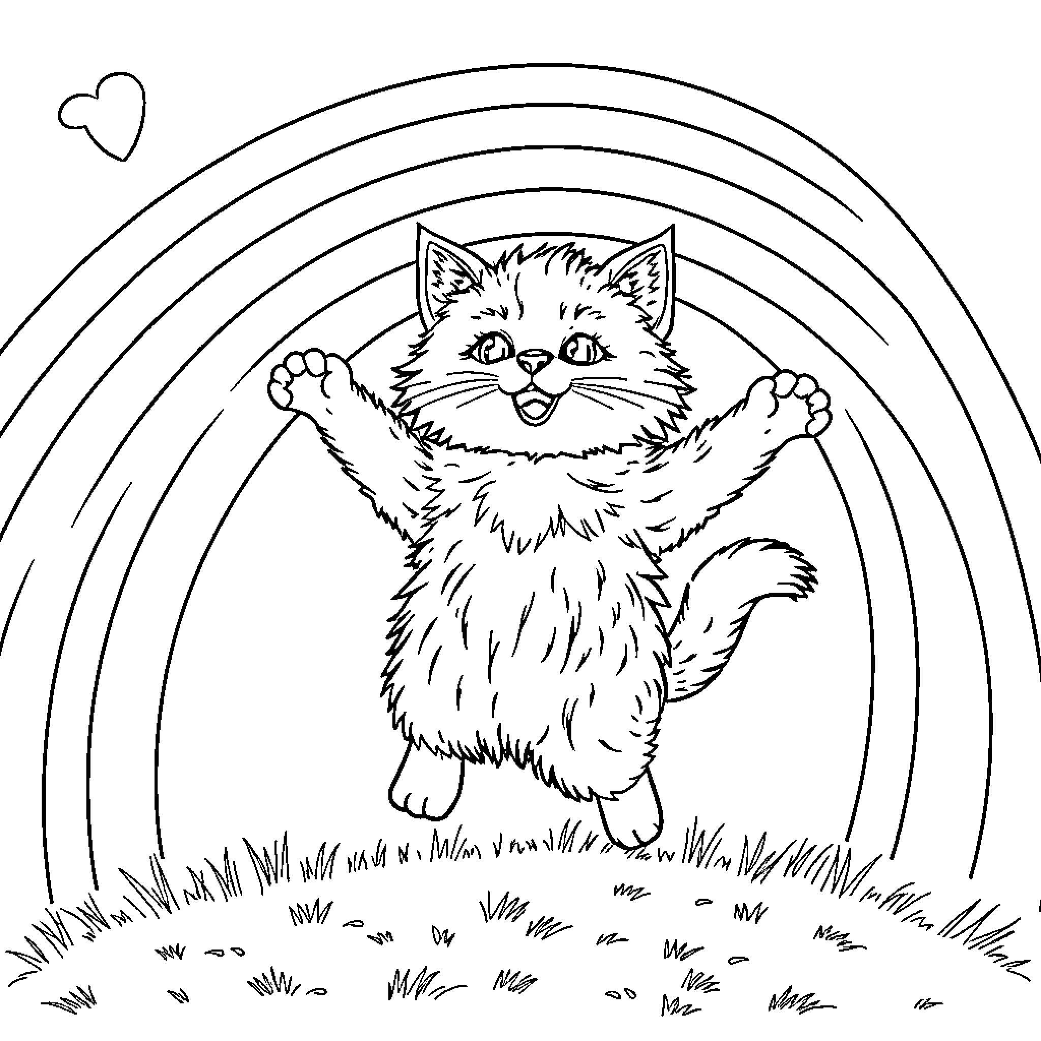 Cat playing with rainbow in a field Coloring Page (free black-and-white line drawing printable PDF for all, from beginners to advanced learners, including children, teens, adults, and seniors)