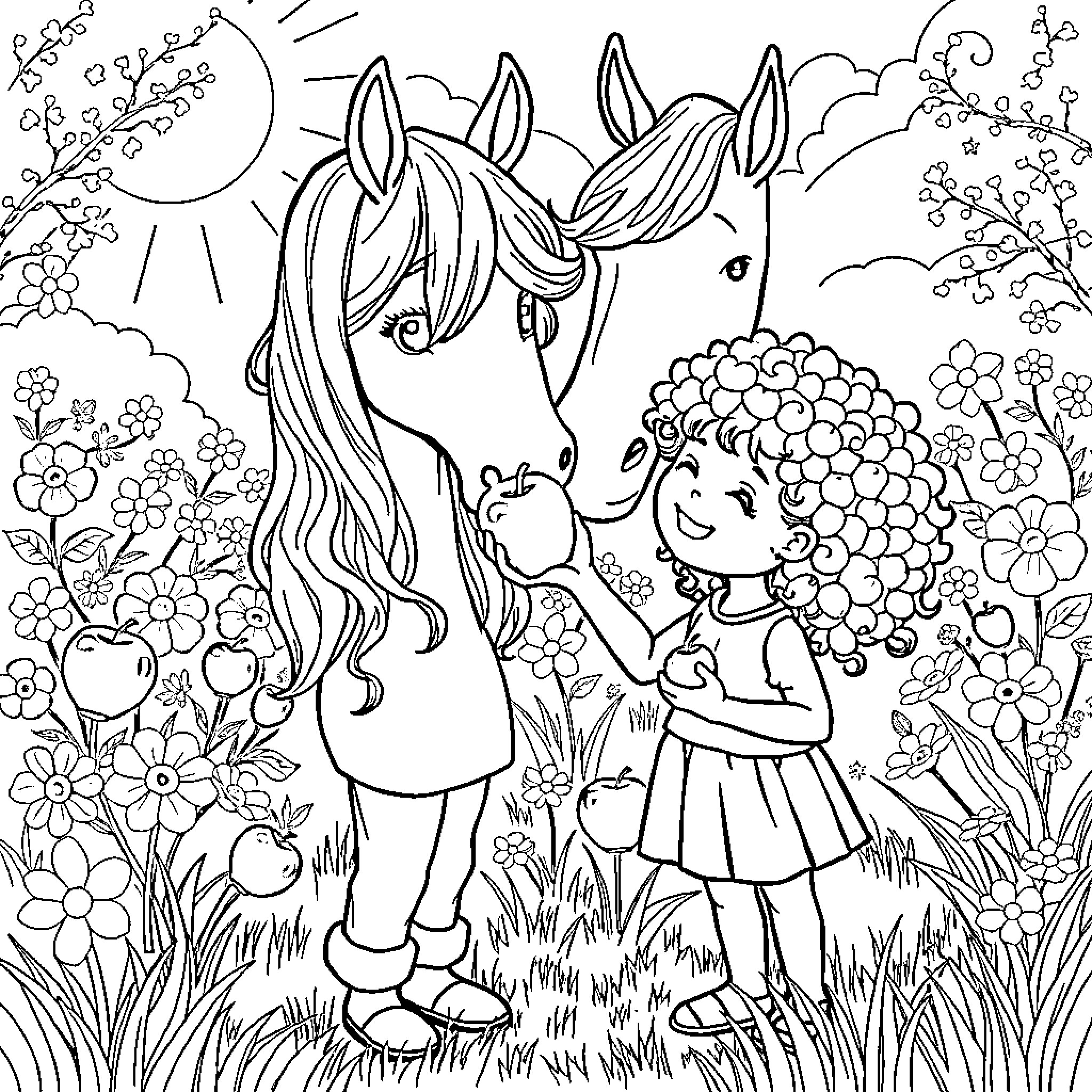 Child playing with a friendly horse in a floral garden Coloring Page (free black-and-white line drawing printable PDF for all, from beginners to advanced learners, including children, teens, adults, and seniors)