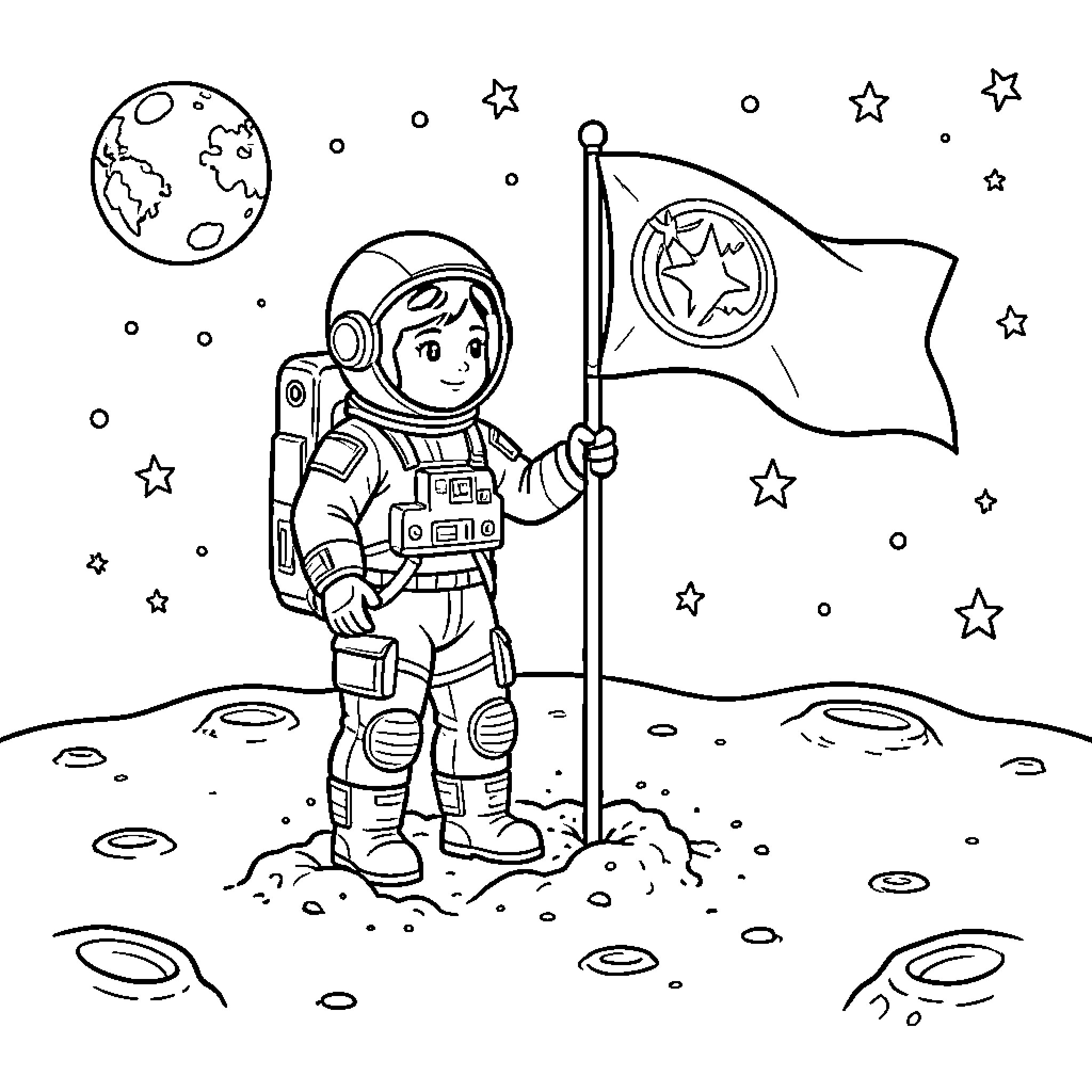 Astronaut standing on the moon holding a flag Coloring Page (free black-and-white line drawing printable PDF for all, from beginners to advanced learners, including children, teens, adults, and seniors)