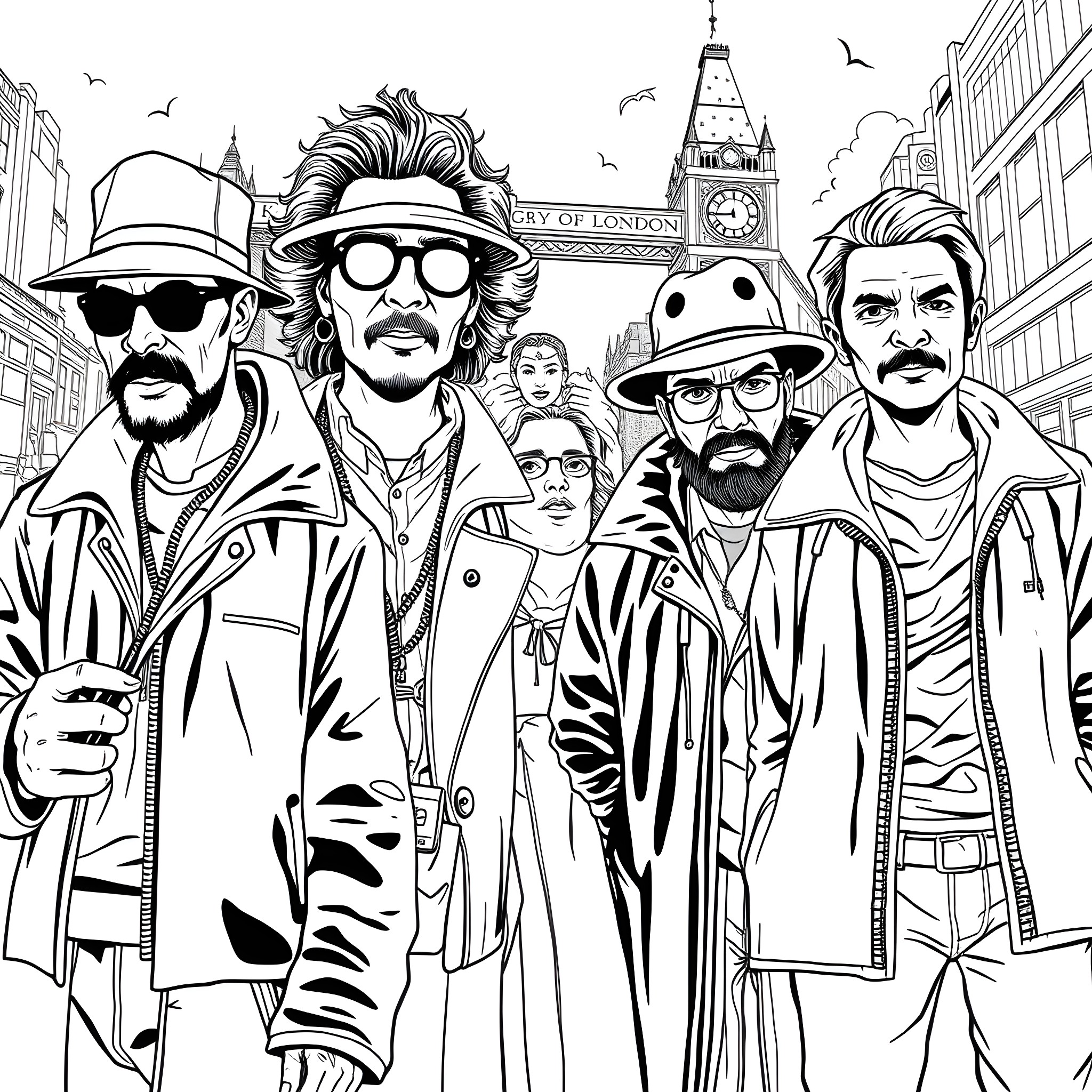 Gang of misfits walking through the streets of London Coloring Page (free black-and-white line drawing printable PDF for all, from beginners to advanced learners, including children, teens, adults, and seniors)