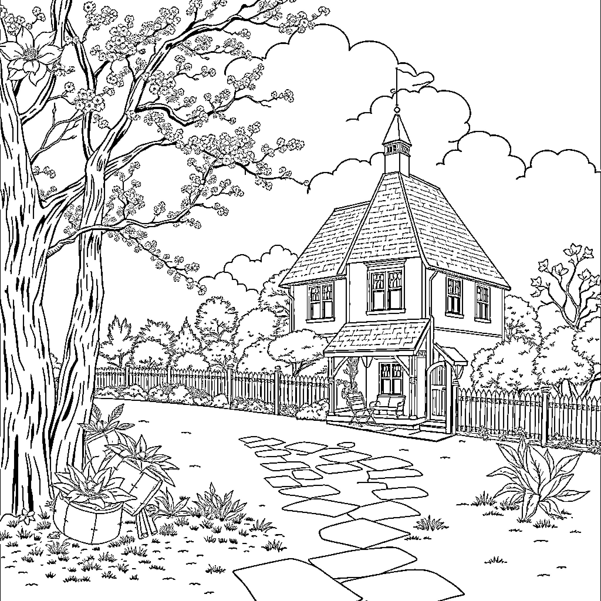 Vintage Whimsical Cottage and Garden Landscape Coloring Page (free black-and-white line drawing printable PDF for all, from beginners to advanced learners, including children, teens, adults, and seniors)