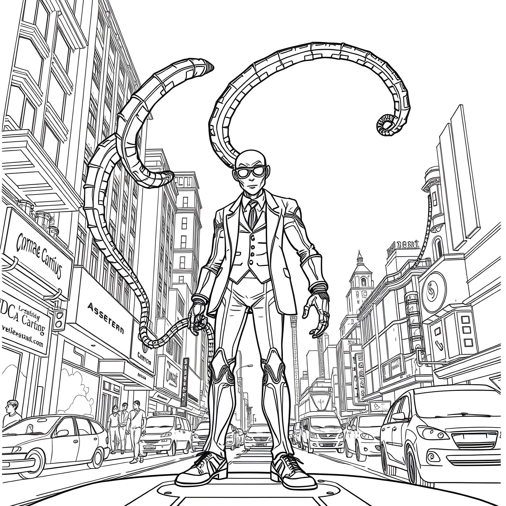 Otto's Futuristic Stroll Through the City Coloring Page (free black-and-white line drawing printable PDF for all, from beginners to advanced learners, including children, teens, adults, and seniors)