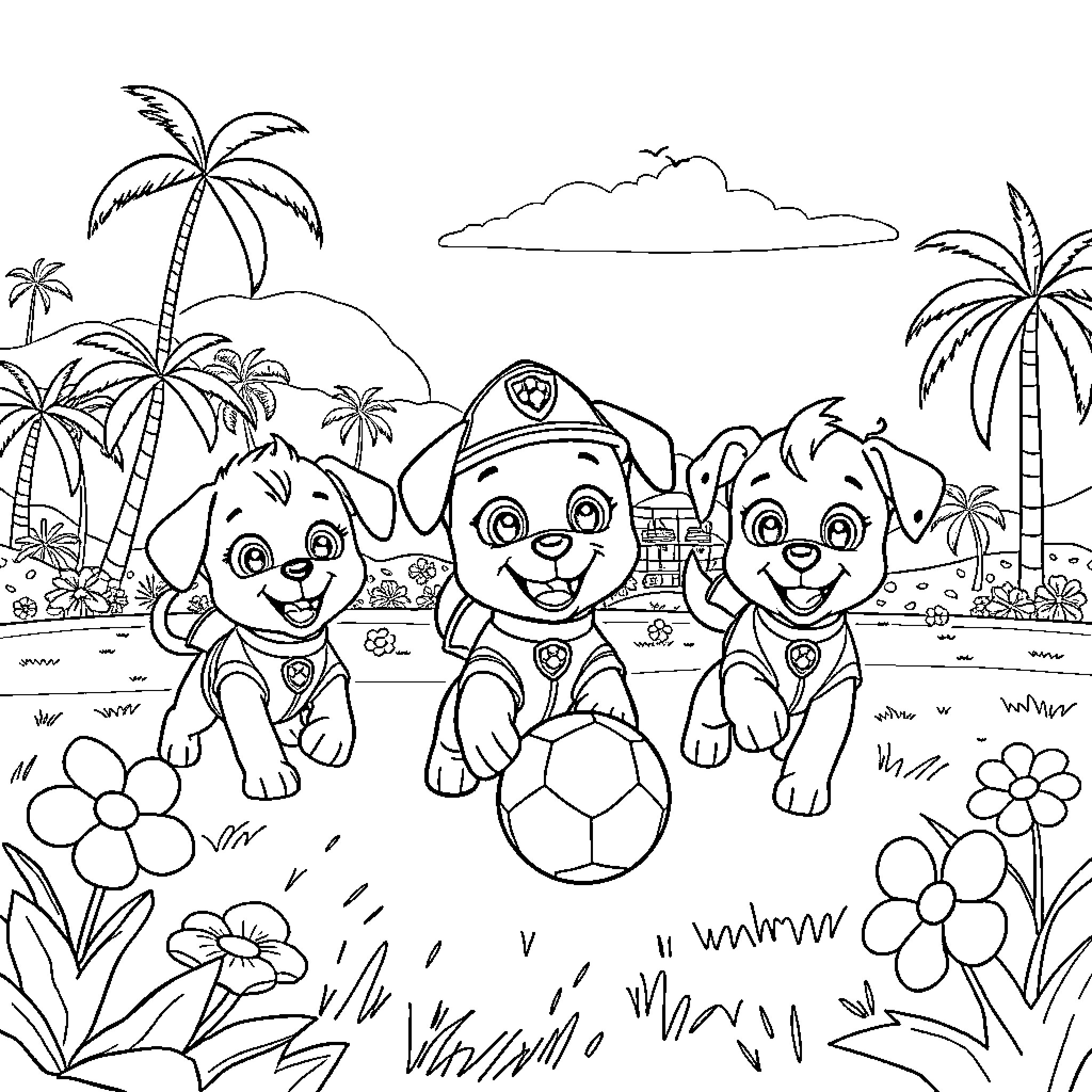 Paw Patrol pups playing with soccer ball in tropical paradise Coloring Page (free black-and-white line drawing printable PDF for all, from beginners to advanced learners, including children, teens, adults, and seniors)