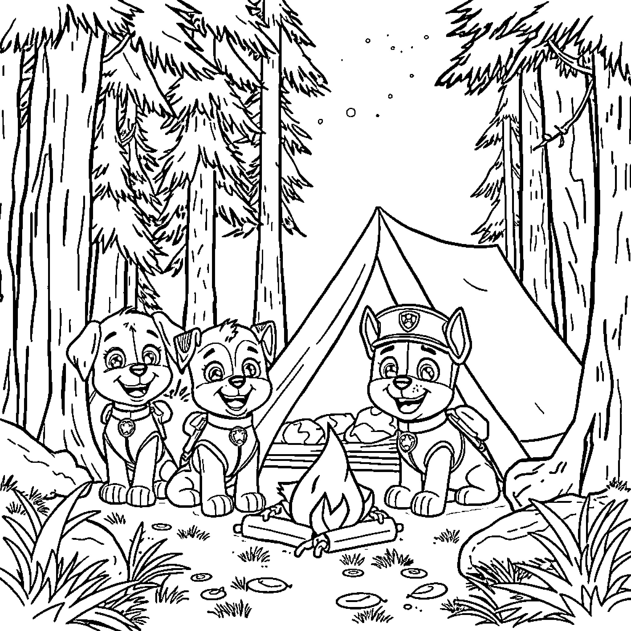 Paw Patrol camping in the wilderness Coloring Page (free black-and-white line drawing printable PDF for all, from beginners to advanced learners, including children, teens, adults, and seniors)