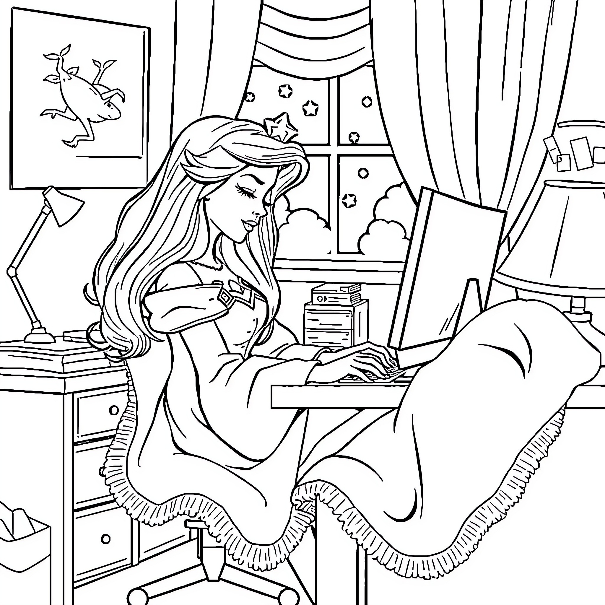 Sleeping Beauty working diligently at her desk Coloring Page (free black-and-white line drawing printable PDF for all, from beginners to advanced learners, including children, teens, adults, and seniors)