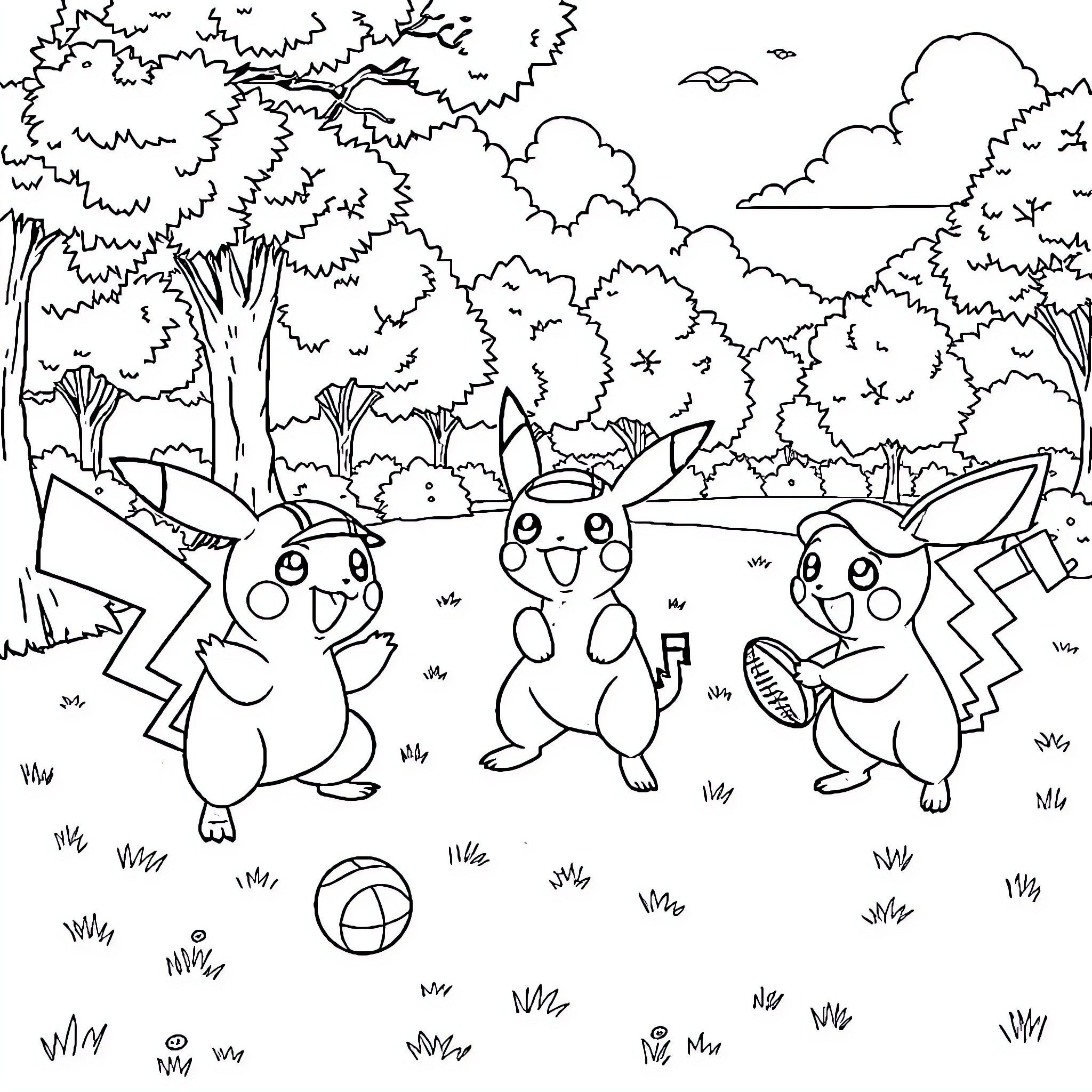Pokémon characters playing in the forest Coloring Page (free black-and-white line drawing printable PDF for all, from beginners to advanced learners, including children, teens, adults, and seniors)