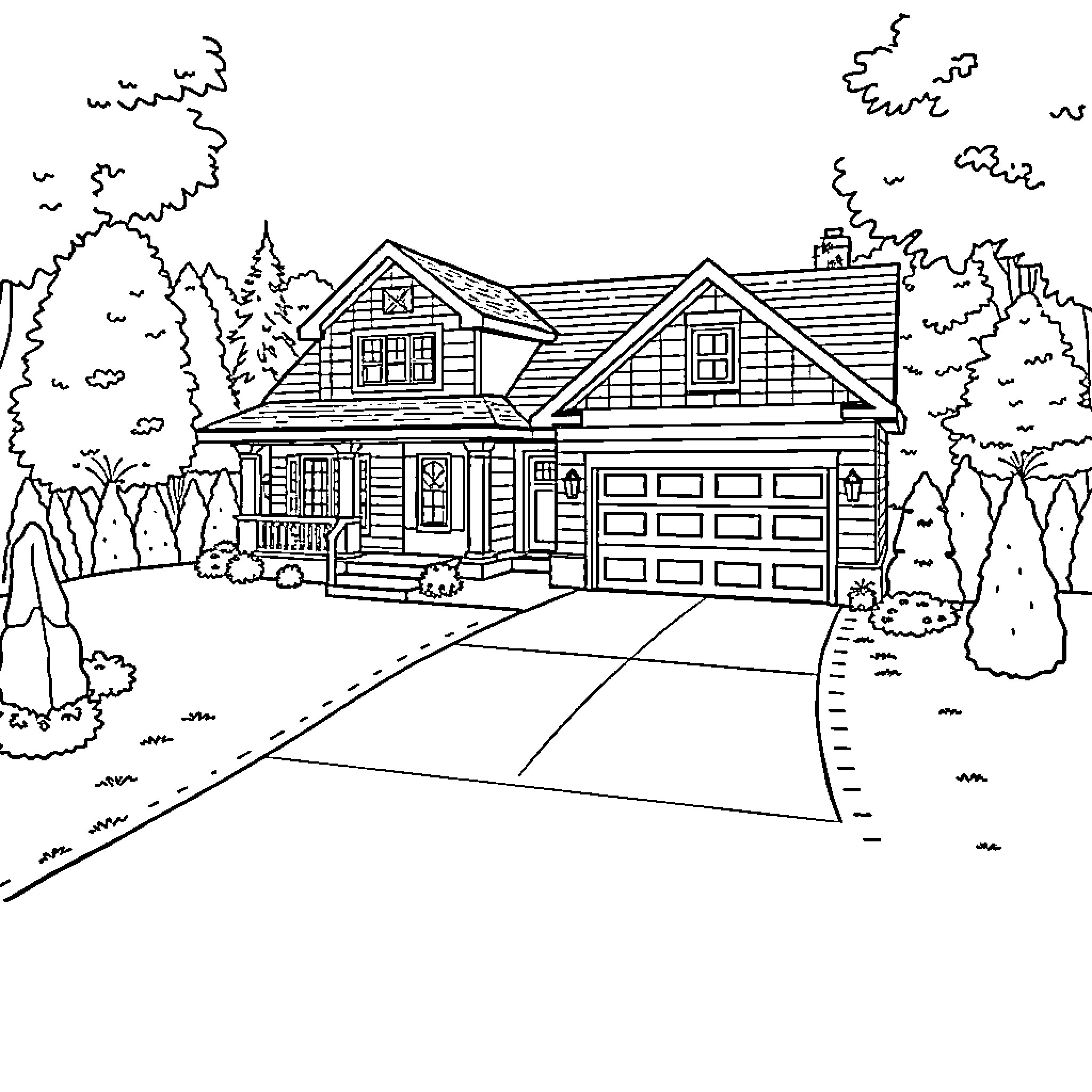 House with a garage surrounded by trees Coloring Page (free black-and-white line drawing printable PDF for all, from beginners to advanced learners, including children, teens, adults, and seniors)