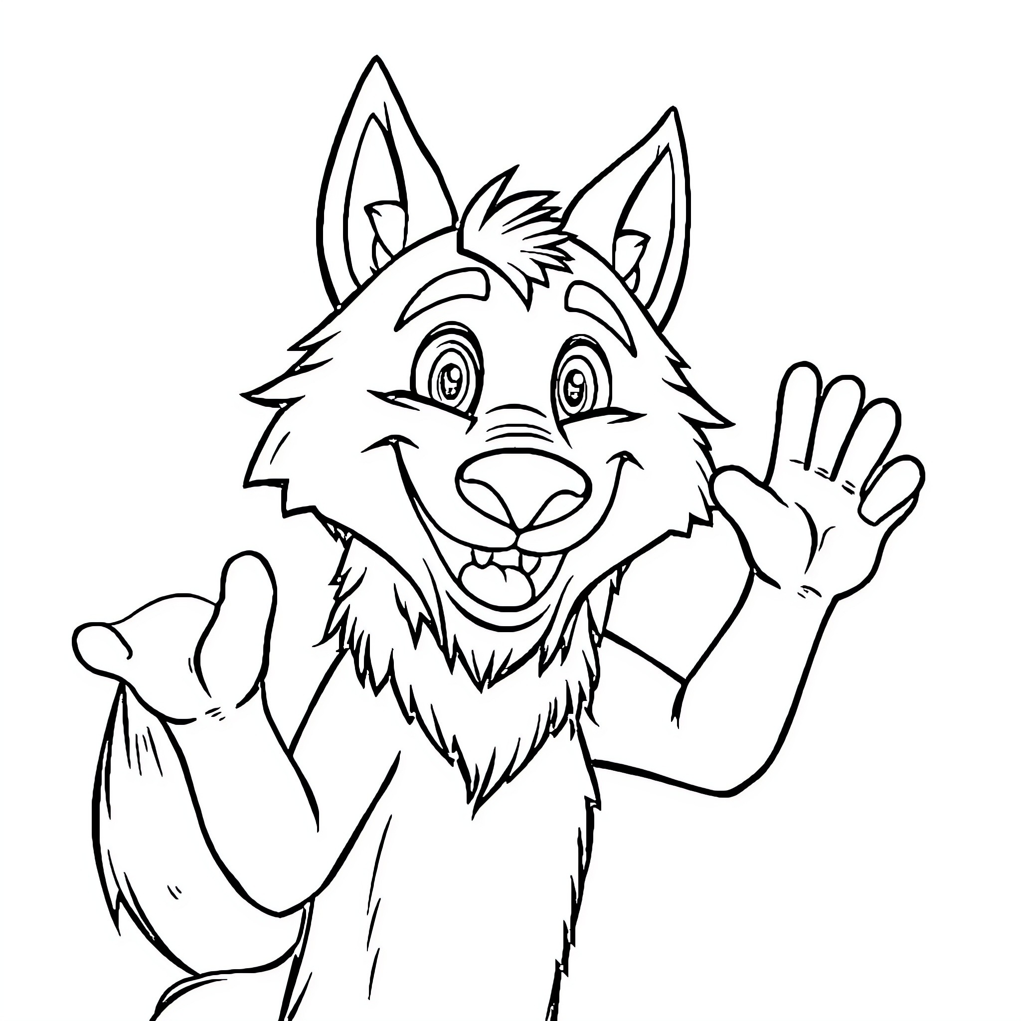 Werewolf waving and smiling with excitement Coloring Page (free black-and-white line drawing printable PDF for all, from beginners to advanced learners, including children, teens, adults, and seniors)
