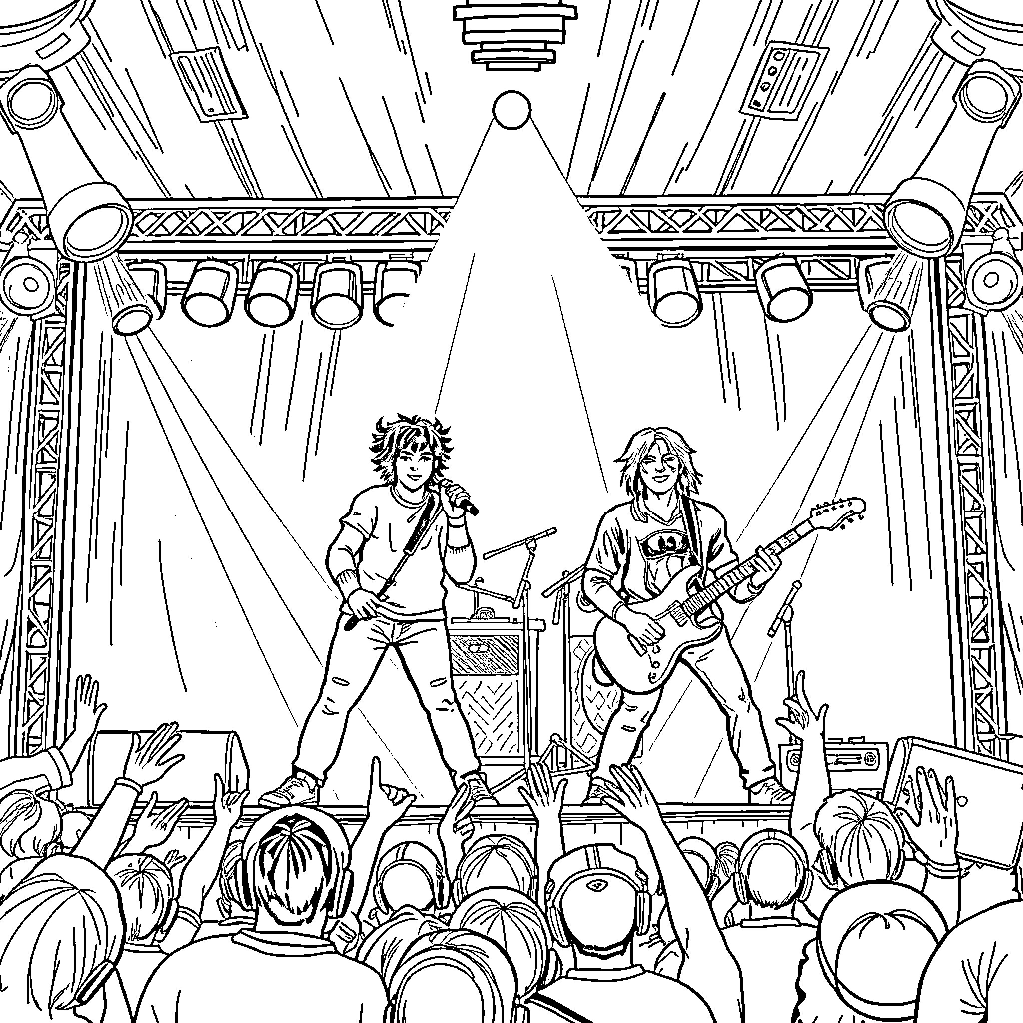 Saja Boys Rock the Stage with Energy and Passion Coloring Page (free black-and-white line drawing printable PDF for all, from beginners to advanced learners, including children, teens, adults, and seniors)