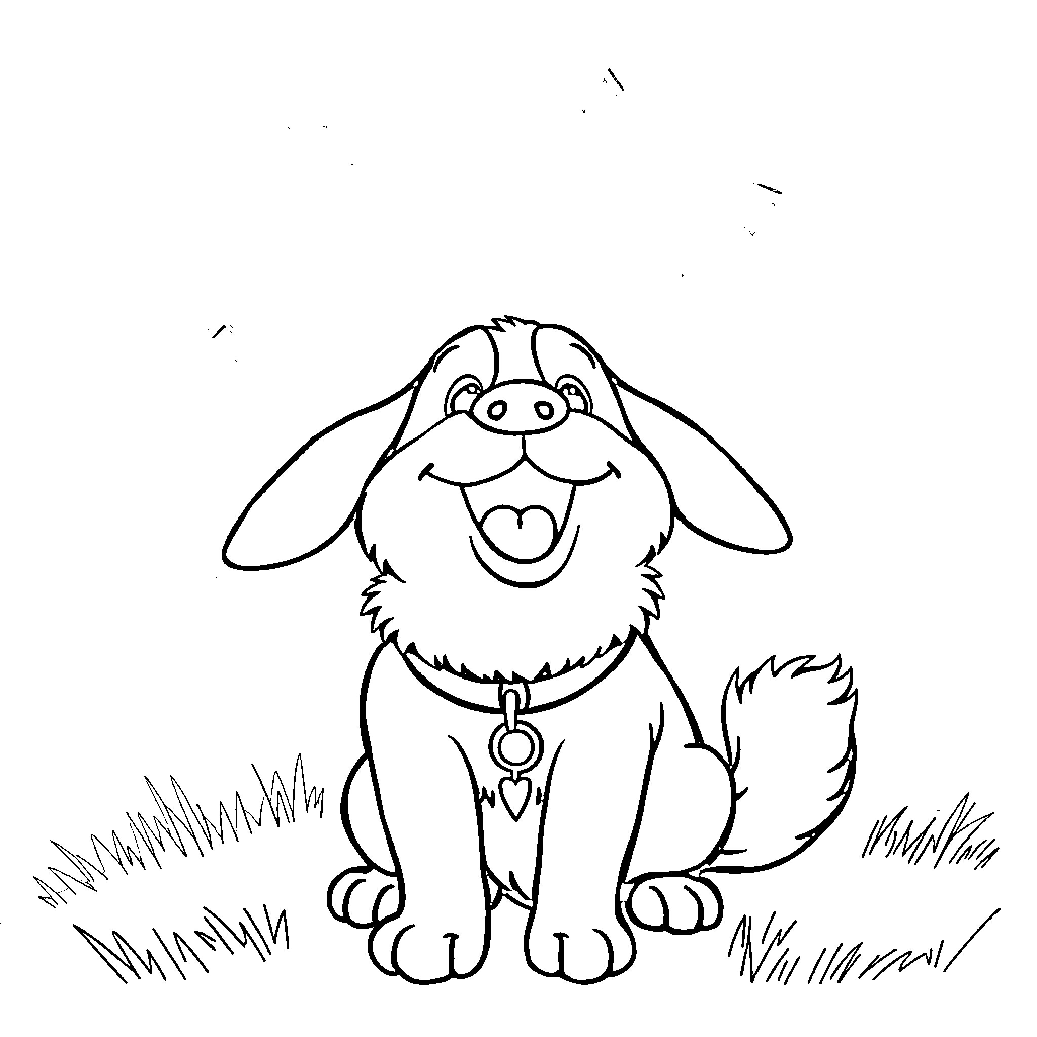 Dog sitting happily in the grass Coloring Page (free black-and-white line drawing printable PDF for all, from beginners to advanced learners, including children, teens, adults, and seniors)