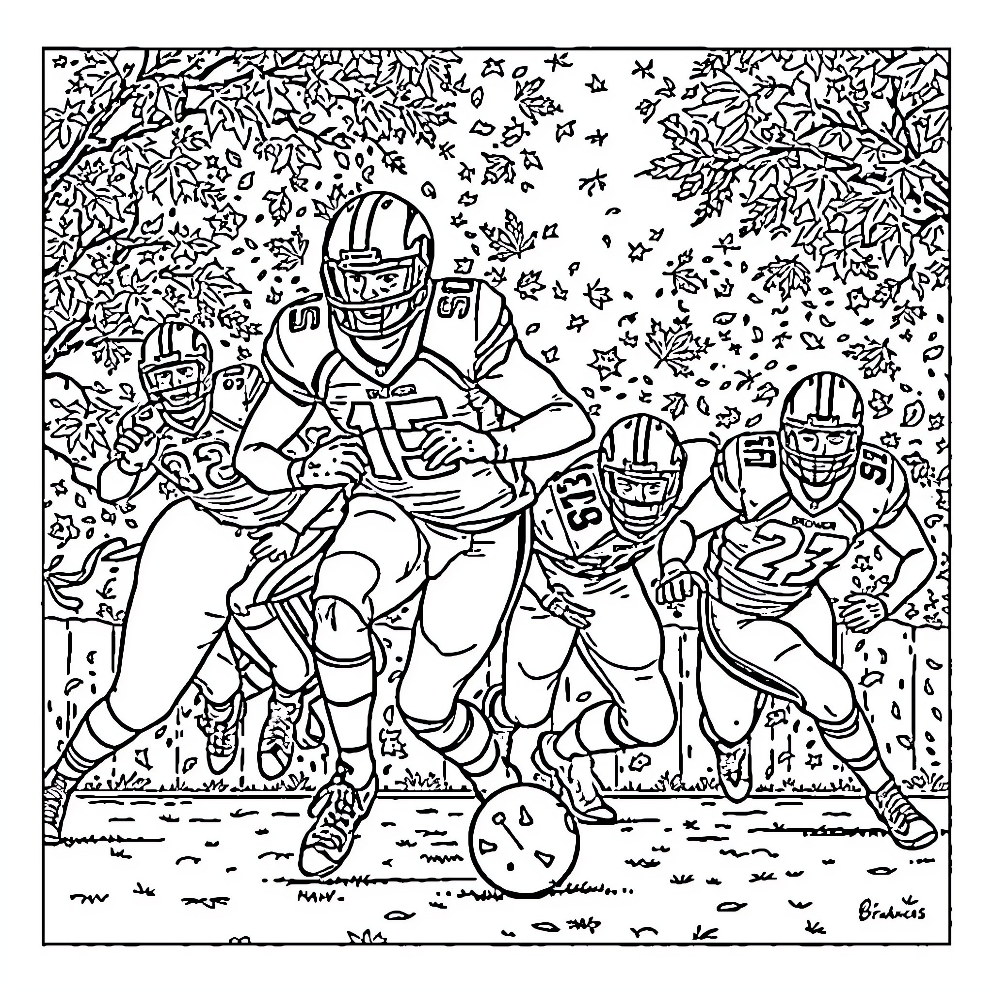 Denver Broncos players in action on the field Coloring Page (free black-and-white line drawing printable PDF for all, from beginners to advanced learners, including children, teens, adults, and seniors)