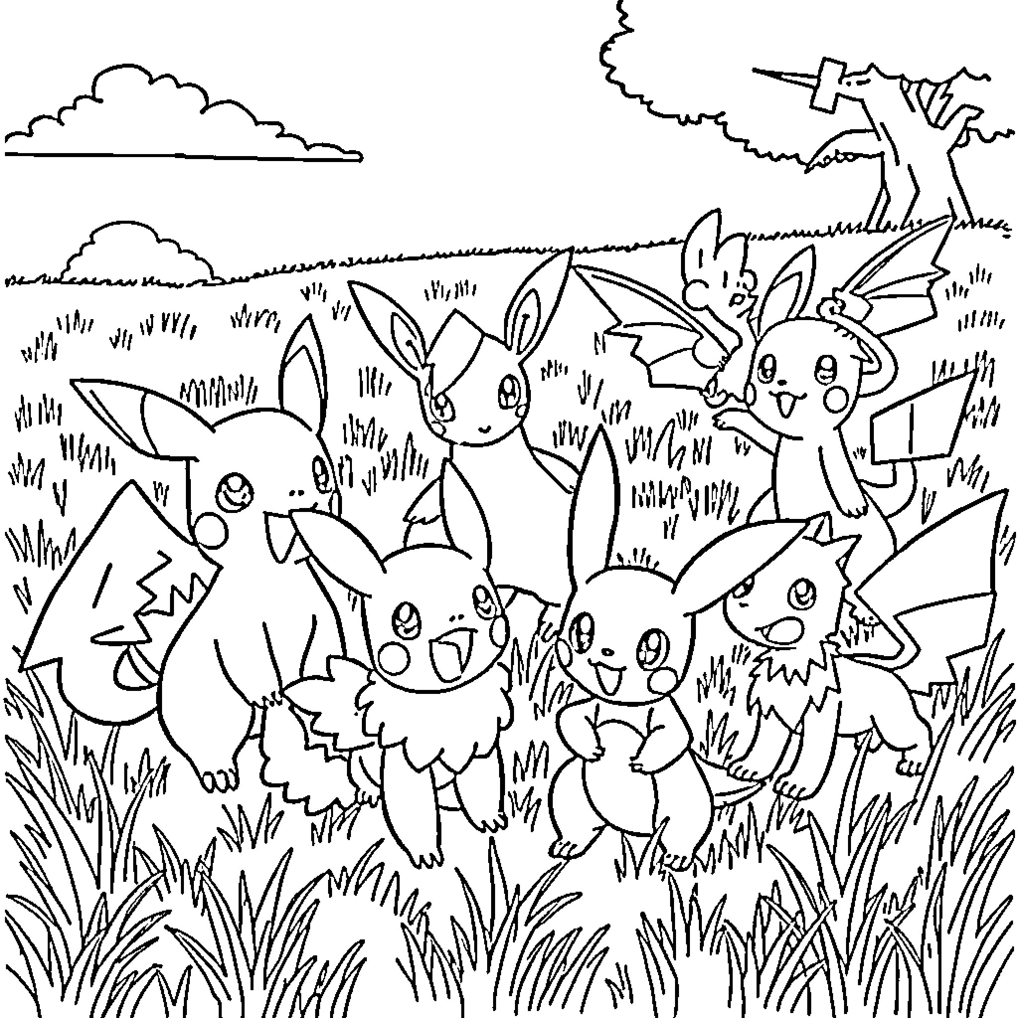Pokémon enjoying outdoor adventures in the wilderness Coloring Page (free black-and-white line drawing printable PDF for all, from beginners to advanced learners, including children, teens, adults, and seniors)