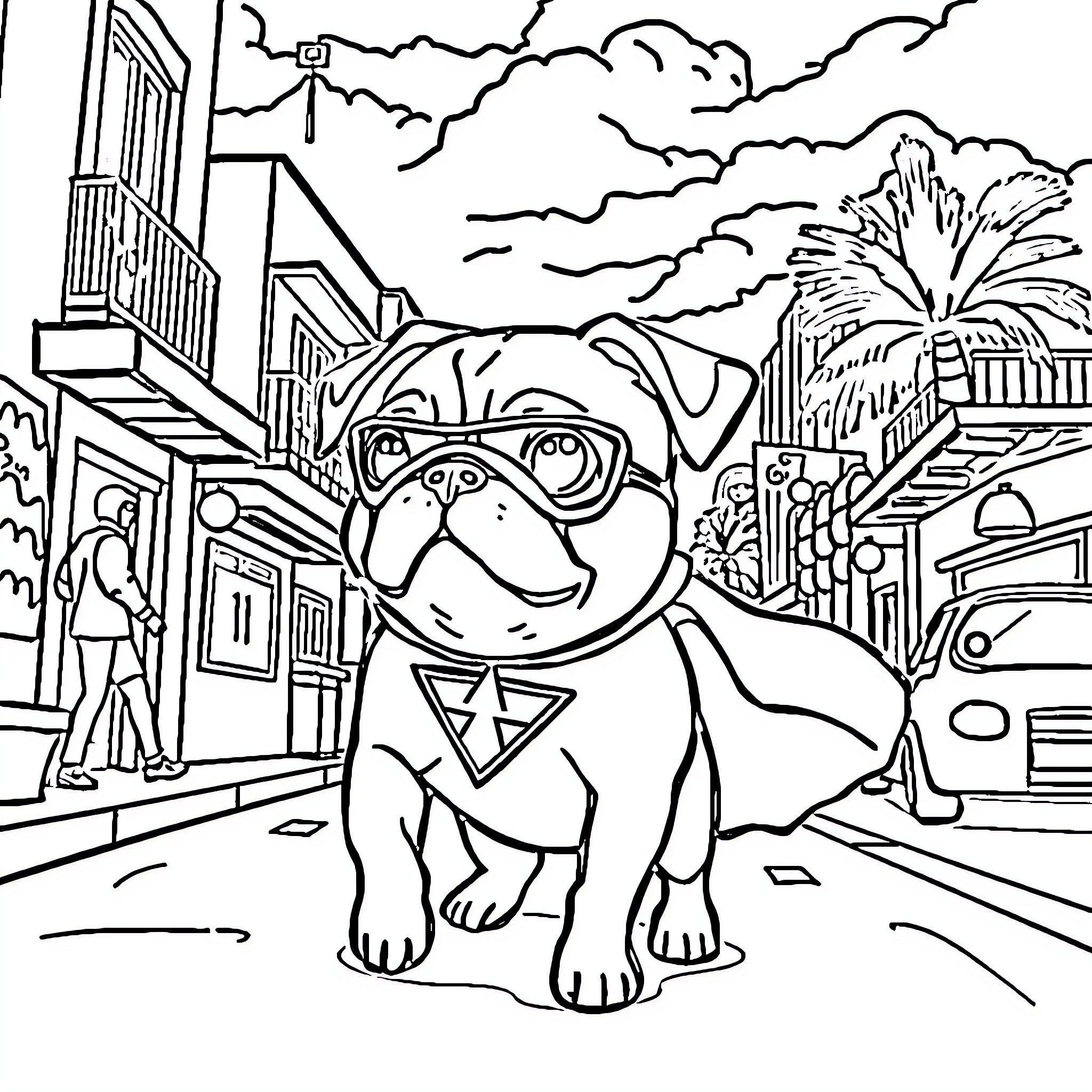 Pug exploring the city streets Coloring Page (free black-and-white line drawing printable PDF for all, from beginners to advanced learners, including children, teens, adults, and seniors)