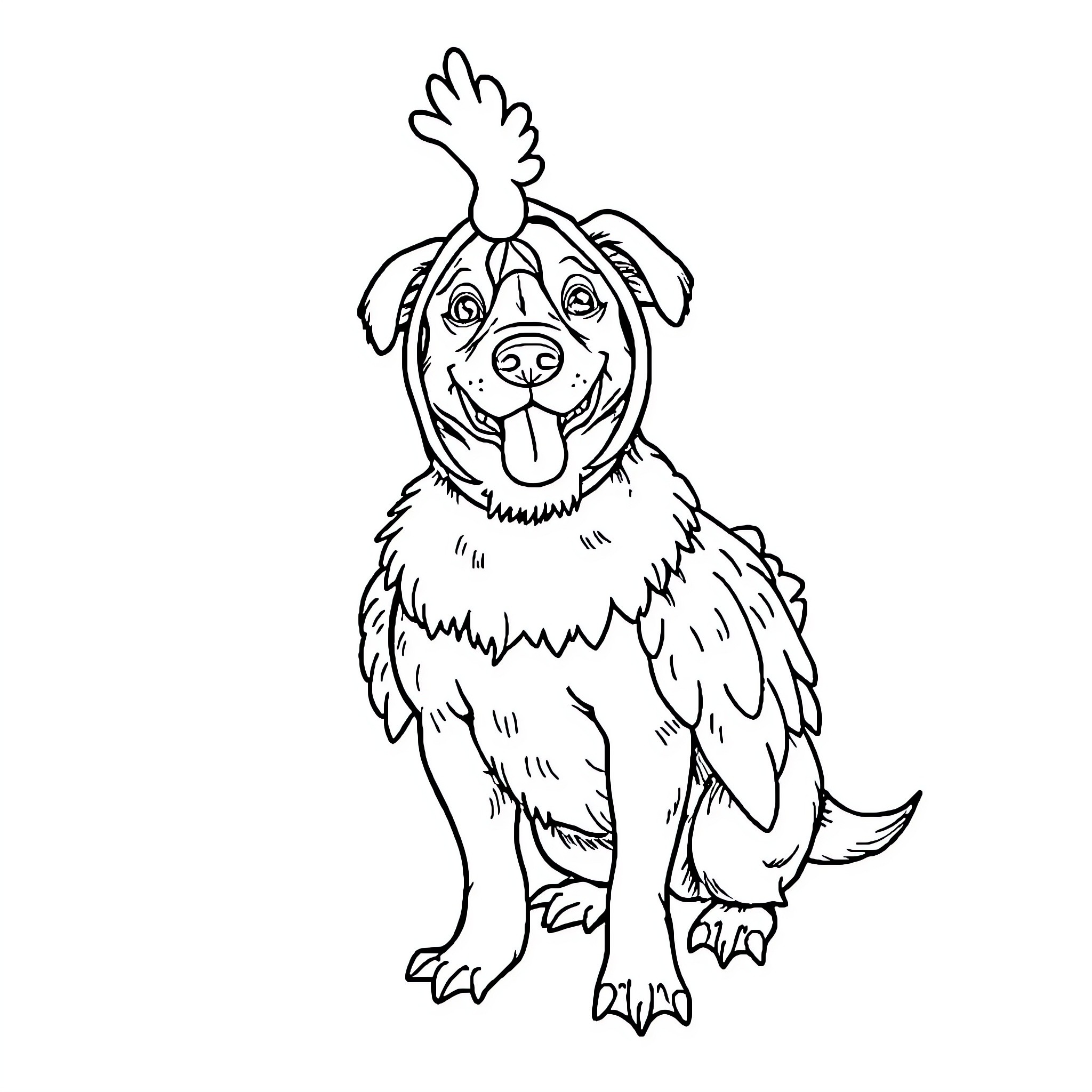 Dog with a silly expression and feathered collar Coloring Page (free black-and-white line drawing printable PDF for all, from beginners to advanced learners, including children, teens, adults, and seniors)