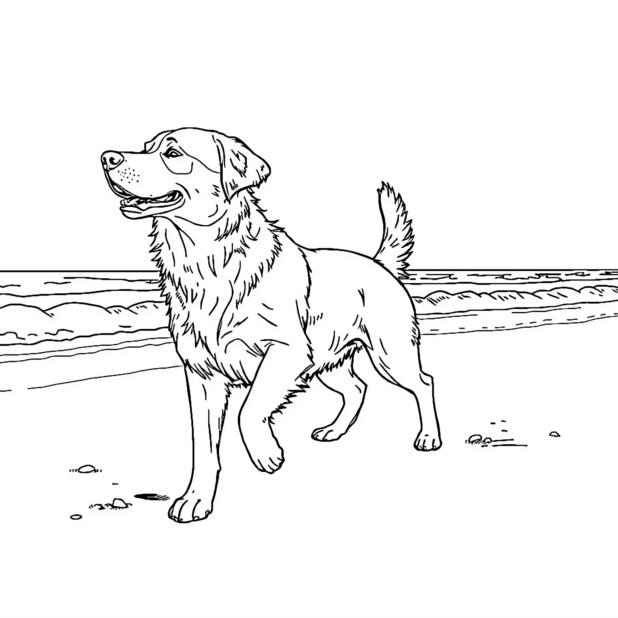 Dog enjoying a day at the beach Coloring Page (free black-and-white line drawing printable PDF for all, from beginners to advanced learners, including children, teens, adults, and seniors)