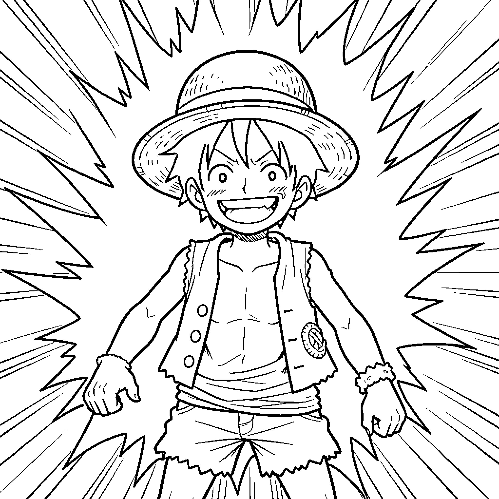 Luffy's Adventurous Anime Pose Coloring Page (free black-and-white line drawing printable PDF for all, from beginners to advanced learners, including children, teens, adults, and seniors)
