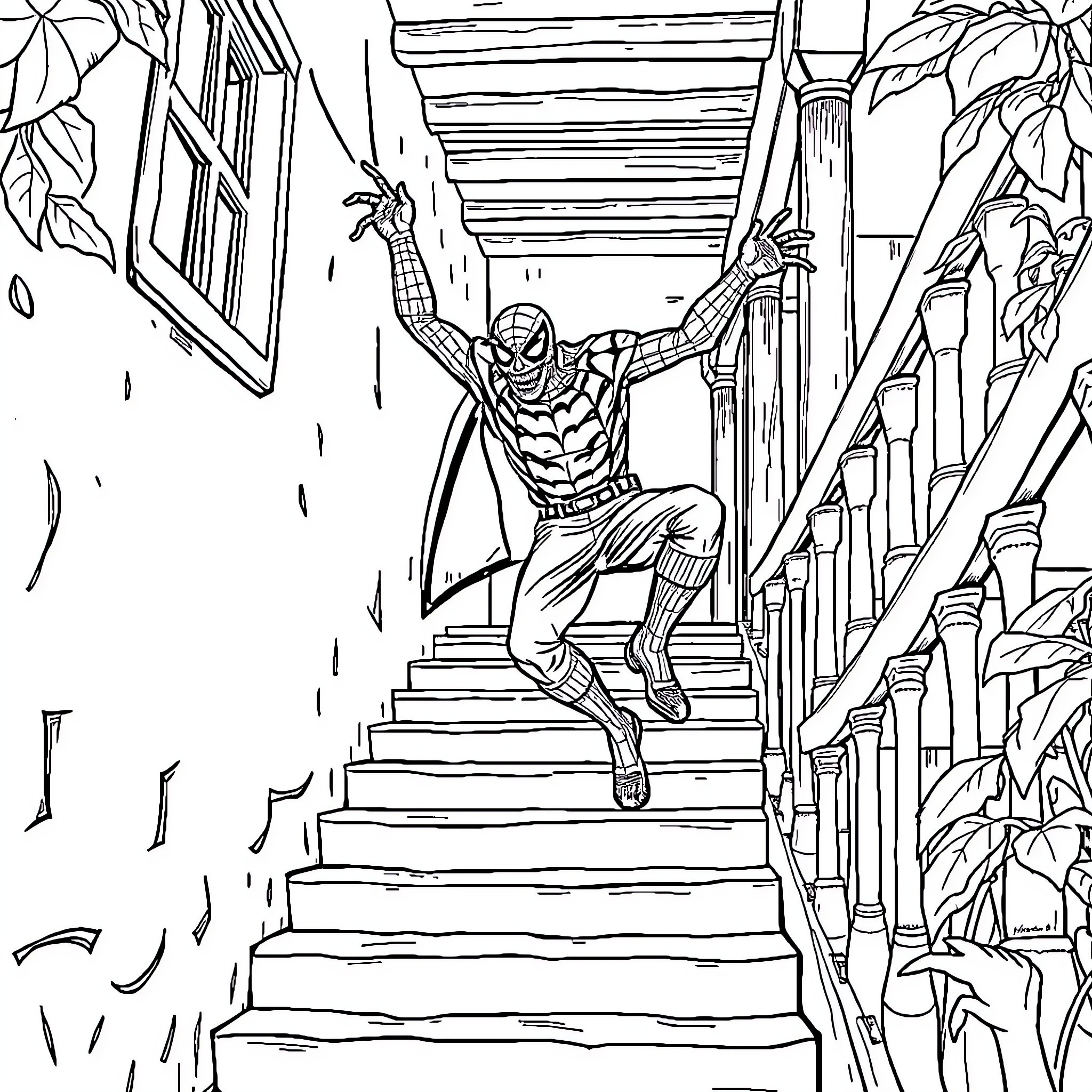 Spider-Man leaping through a city alleyway Coloring Page (free black-and-white line drawing printable PDF for all, from beginners to advanced learners, including children, teens, adults, and seniors)