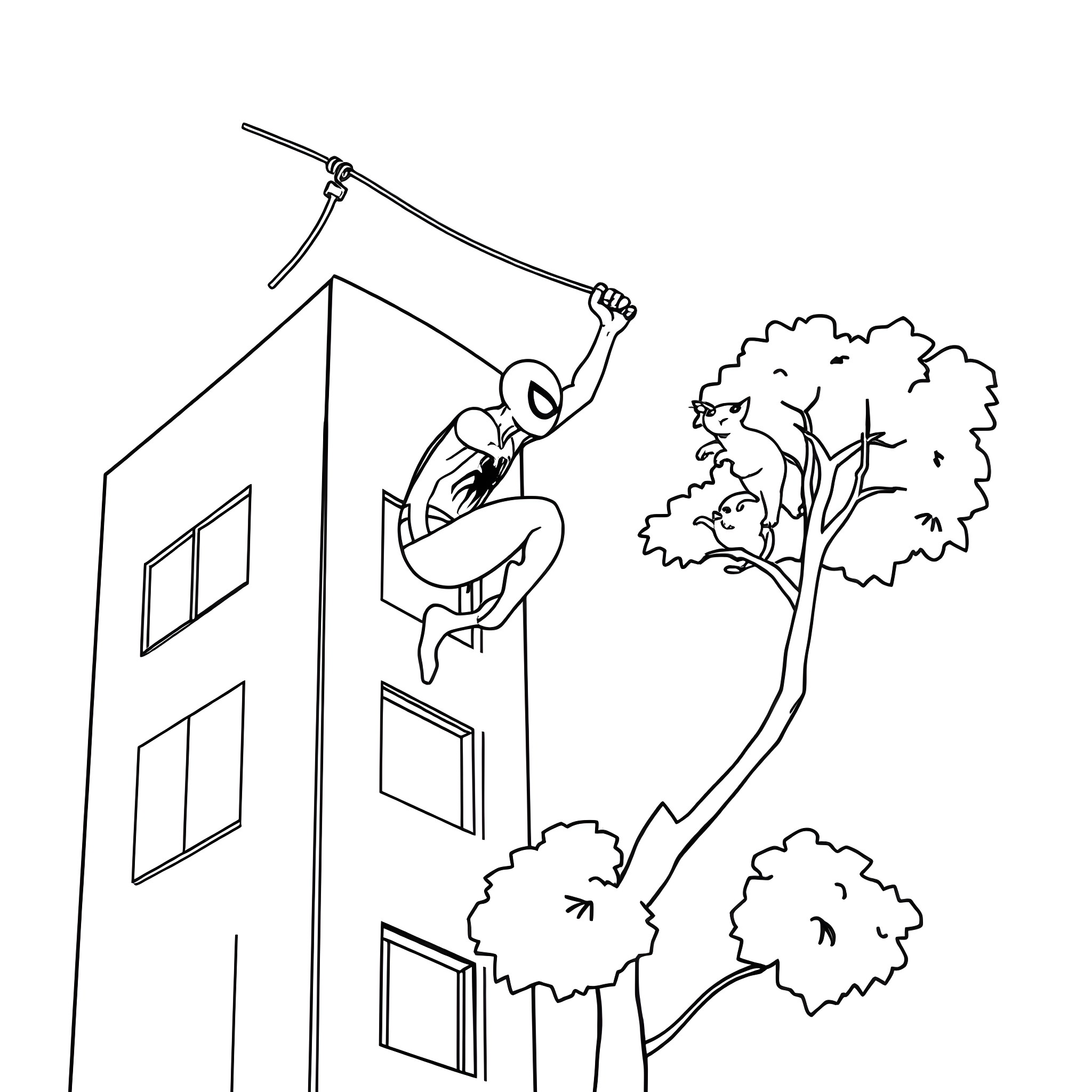 Spiderman scaling the side of a building Coloring Page (free black-and-white line drawing printable PDF for all, from beginners to advanced learners, including children, teens, adults, and seniors)