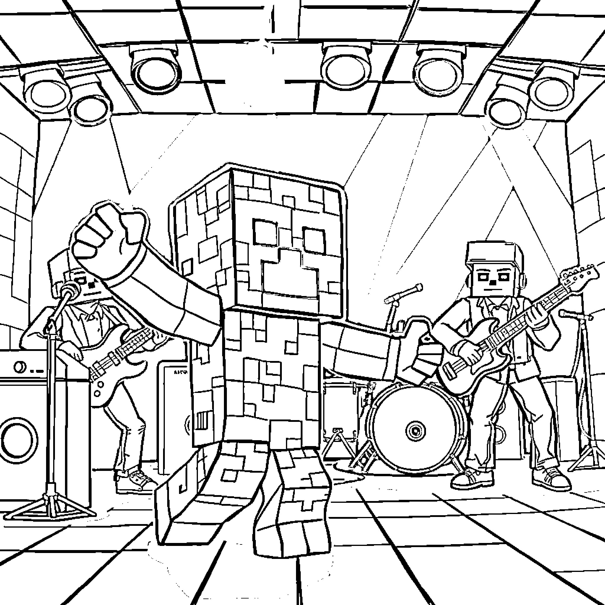 Creeper Rocking Out with Band on Stage Coloring Page (free black-and-white line drawing printable PDF for all, from beginners to advanced learners, including children, teens, adults, and seniors)