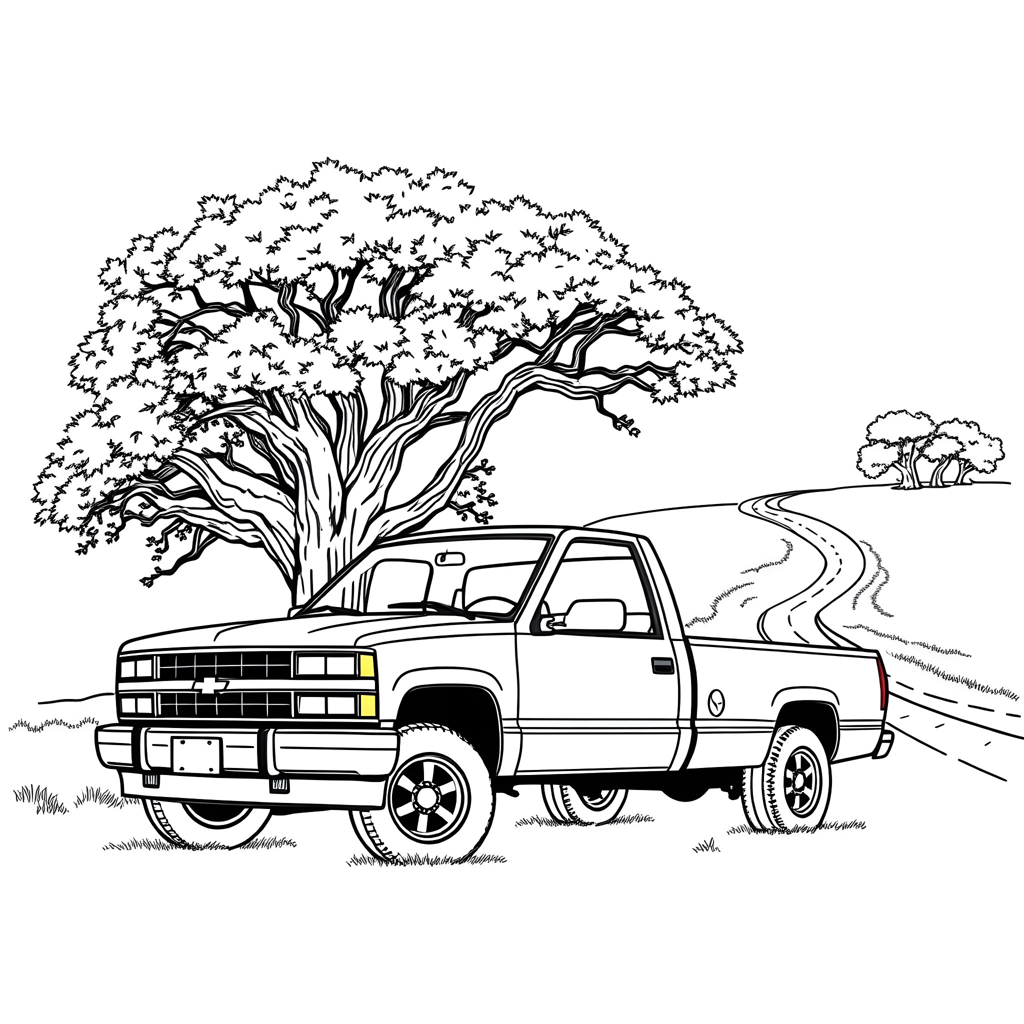 Chevy truck driving through scenic landscape Coloring Page (free black-and-white line drawing printable PDF for all, from beginners to advanced learners, including children, teens, adults, and seniors)
