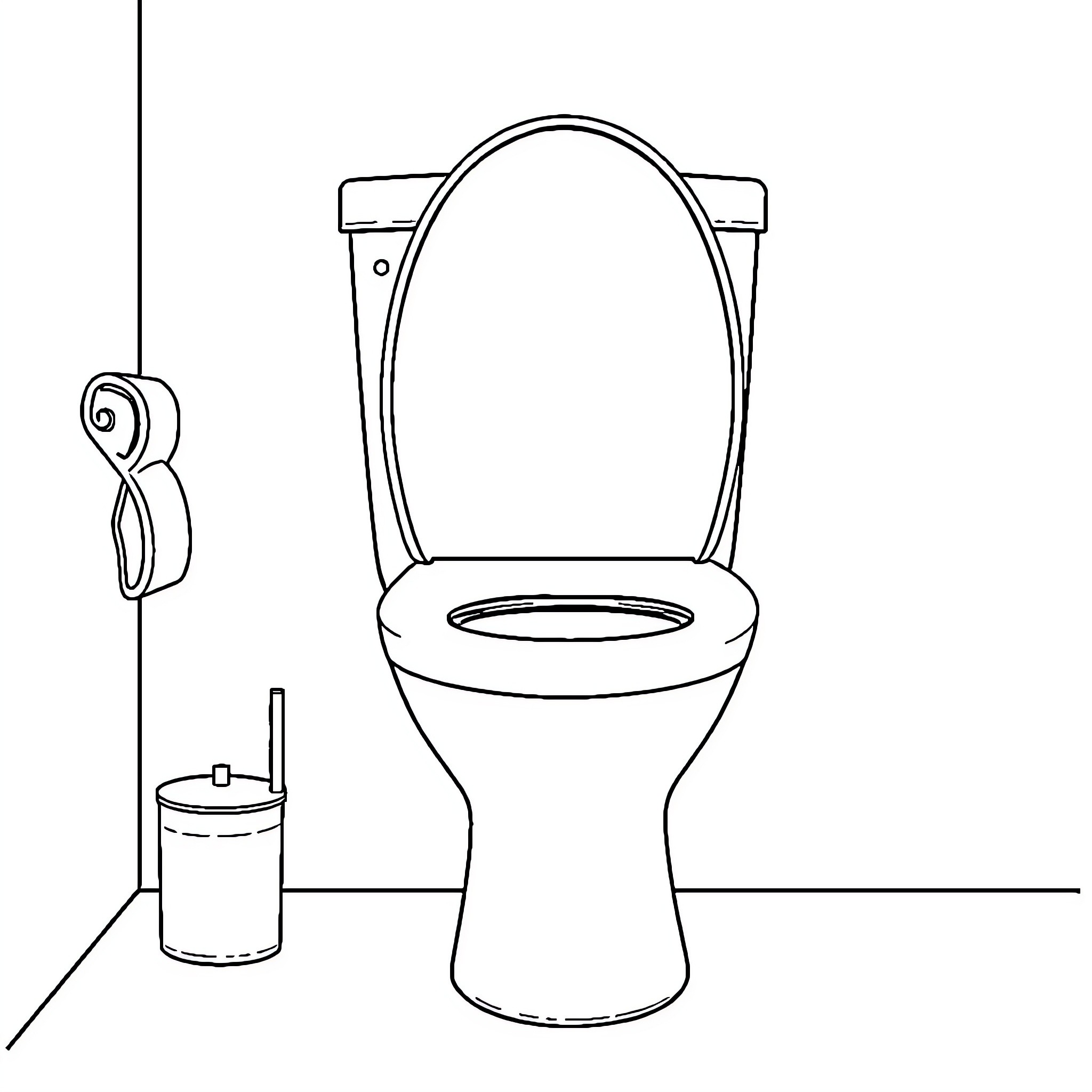 Toilet bowl with basic accessories Coloring Page (free black-and-white line drawing printable PDF for all, from beginners to advanced learners, including children, teens, adults, and seniors)