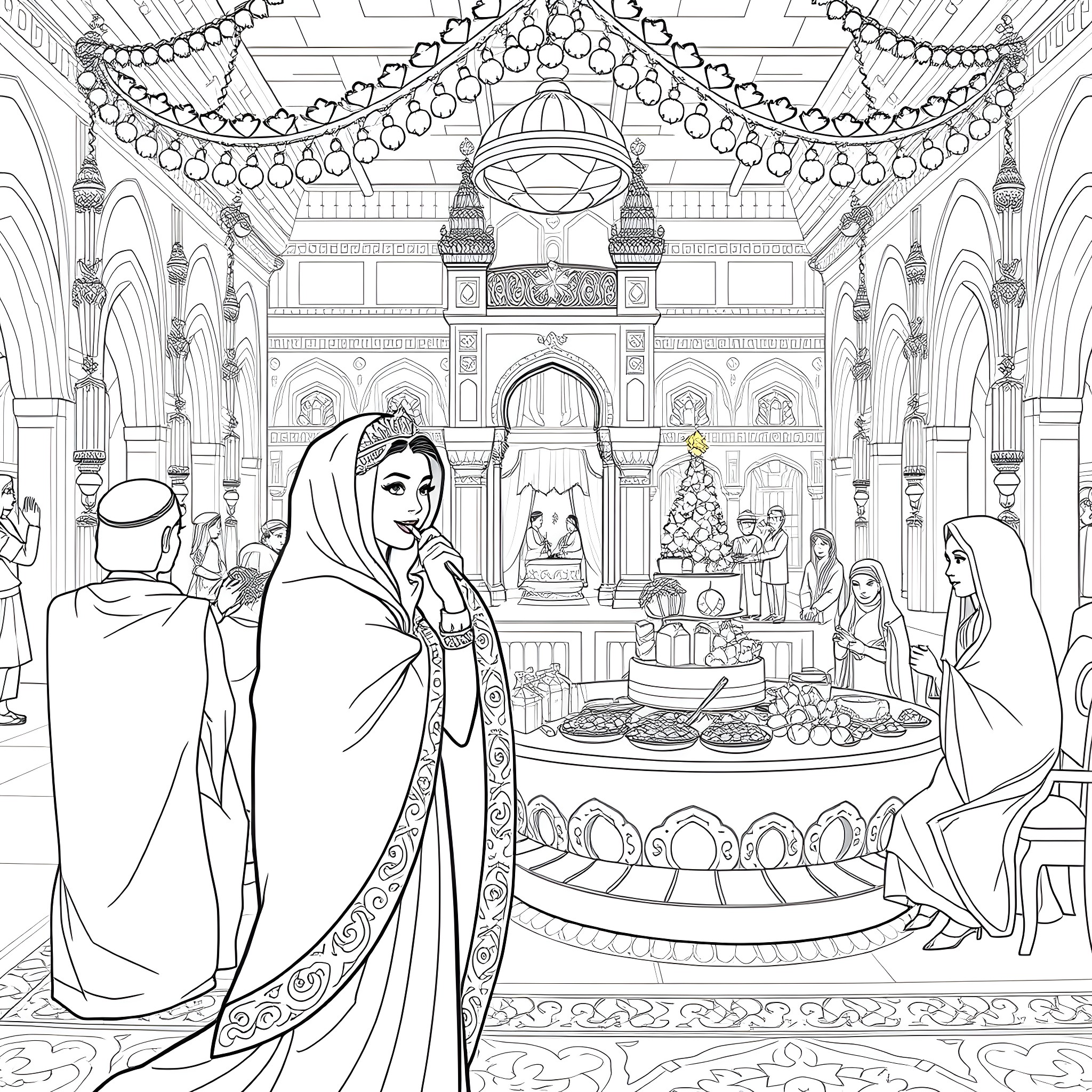Princess Celebrating with Ornate Decorations Coloring Page (free black-and-white line drawing printable PDF for all, from beginners to advanced learners, including children, teens, adults, and seniors)