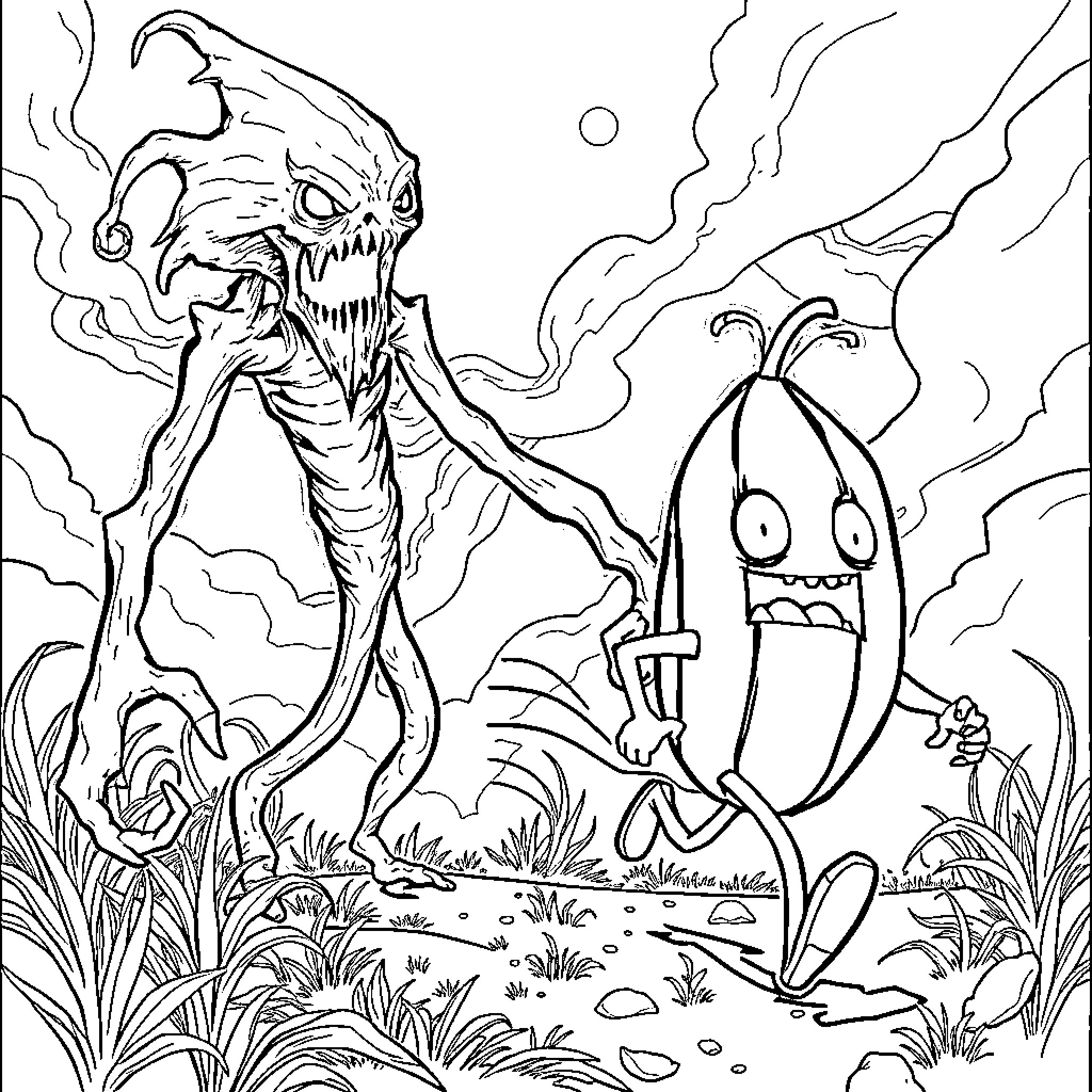 Siren Head and Peering Creature in Eerie Landscape Coloring Page (free black-and-white line drawing printable PDF for all, from beginners to advanced learners, including children, teens, adults, and seniors)