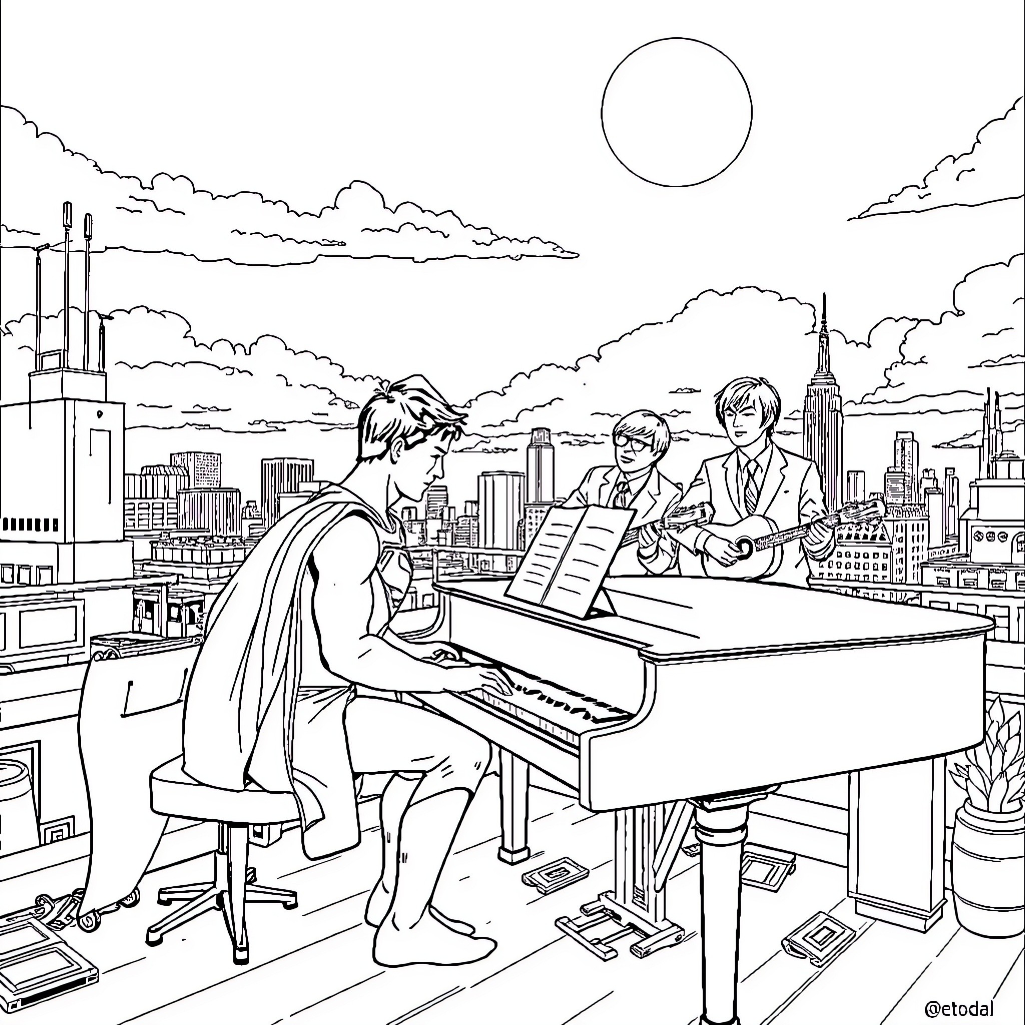 Superman playing piano in the city skyline Coloring Page (free black-and-white line drawing printable PDF for all, from beginners to advanced learners, including children, teens, adults, and seniors)