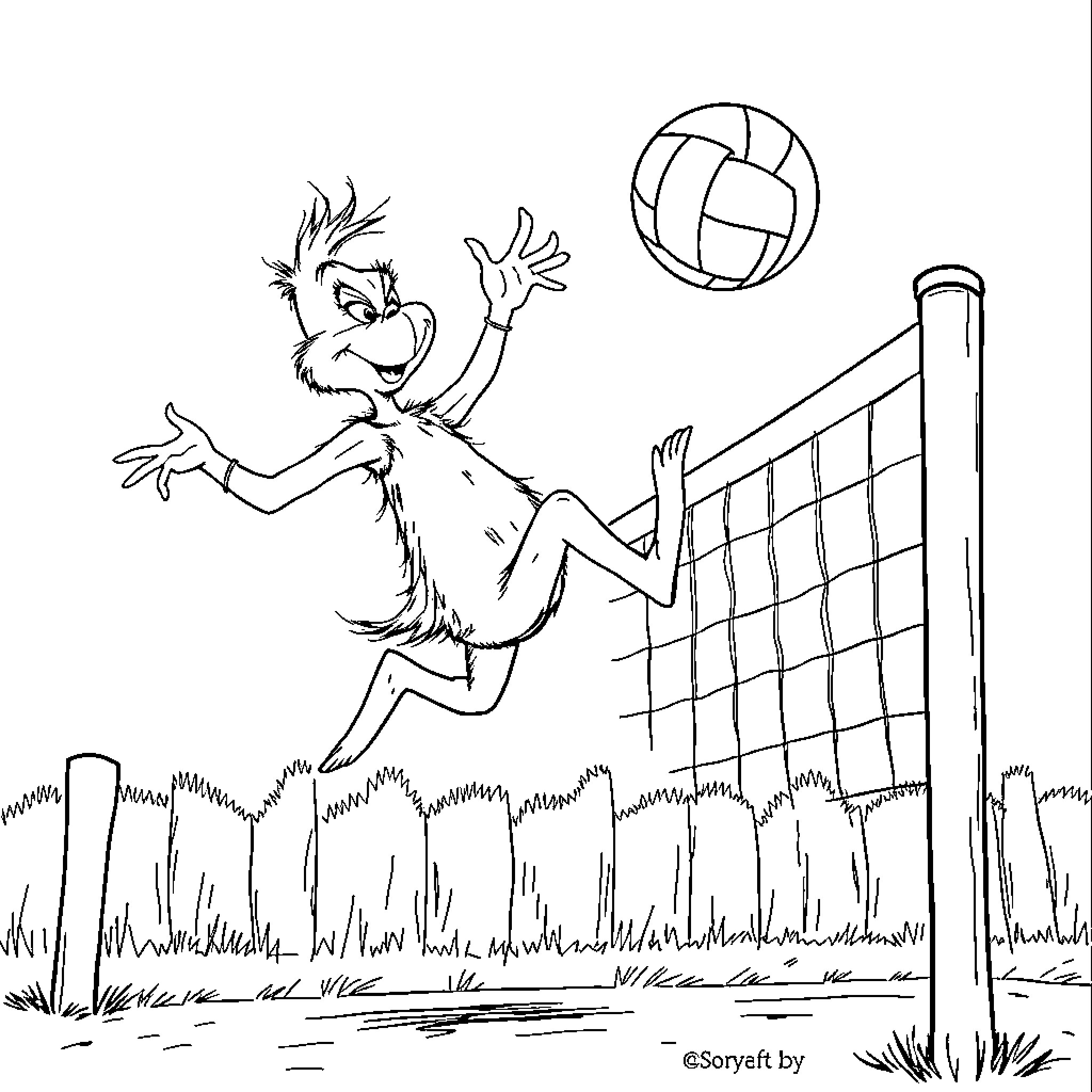 Grinch enthusiastically playing volleyball on the court Coloring Page (free black-and-white line drawing printable PDF for all, from beginners to advanced learners, including children, teens, adults, and seniors)