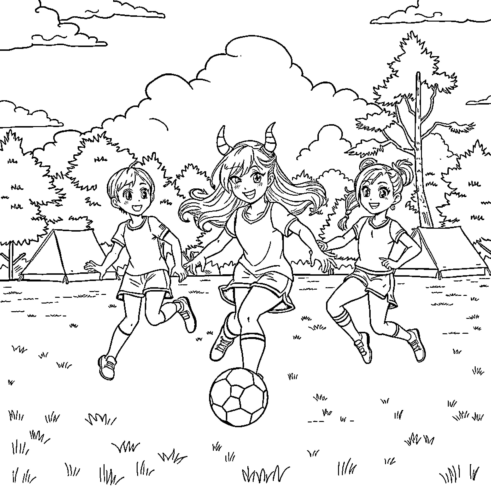 Abby and friends playing soccer outdoors Coloring Page (free black-and-white line drawing printable PDF for all, from beginners to advanced learners, including children, teens, adults, and seniors)