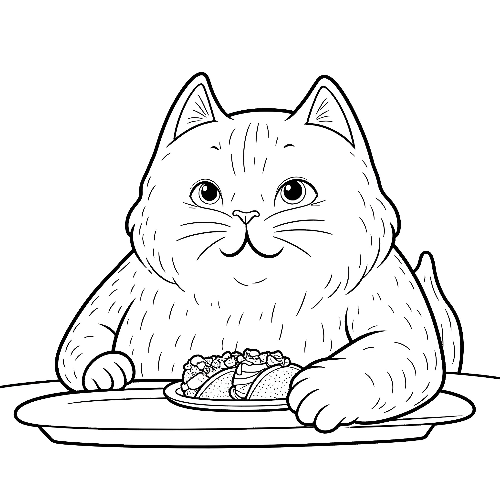 Cat enjoying a tasty meal Coloring Page (free black-and-white line drawing printable PDF for all, from beginners to advanced learners, including children, teens, adults, and seniors)