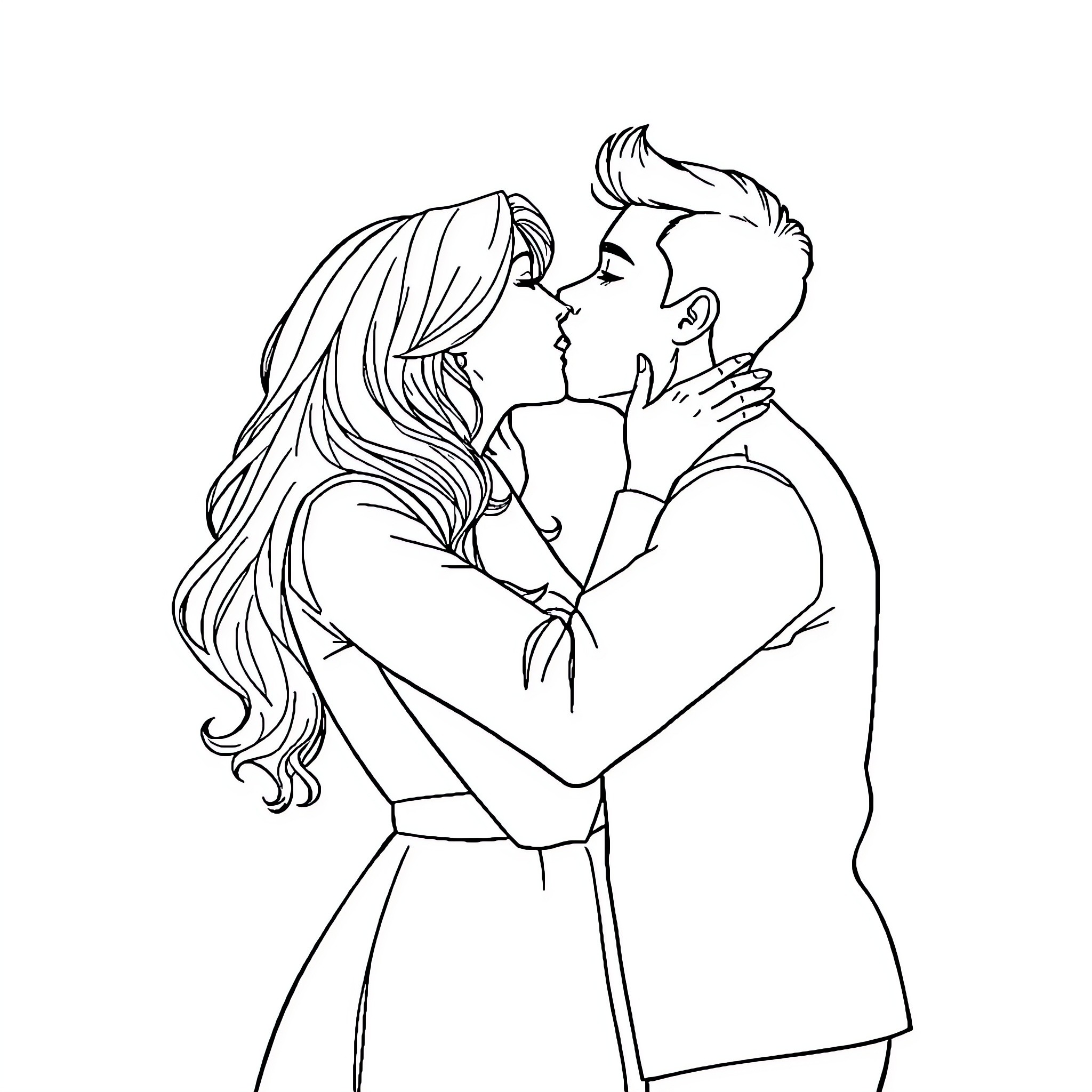 Guy embracing his romantic partner passionately Coloring Page (free black-and-white line drawing printable PDF for all, from beginners to advanced learners, including children, teens, adults, and seniors)