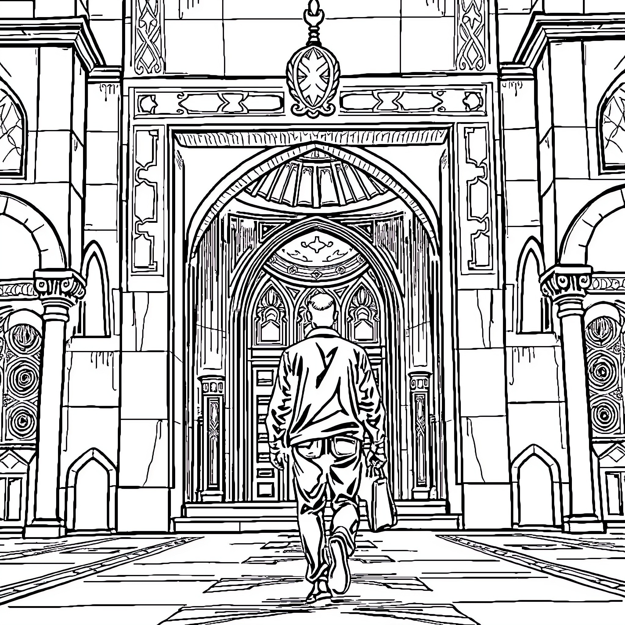 Man walking through ornate architectural entrance Coloring Page (free black-and-white line drawing printable PDF for all, from beginners to advanced learners, including children, teens, adults, and seniors)