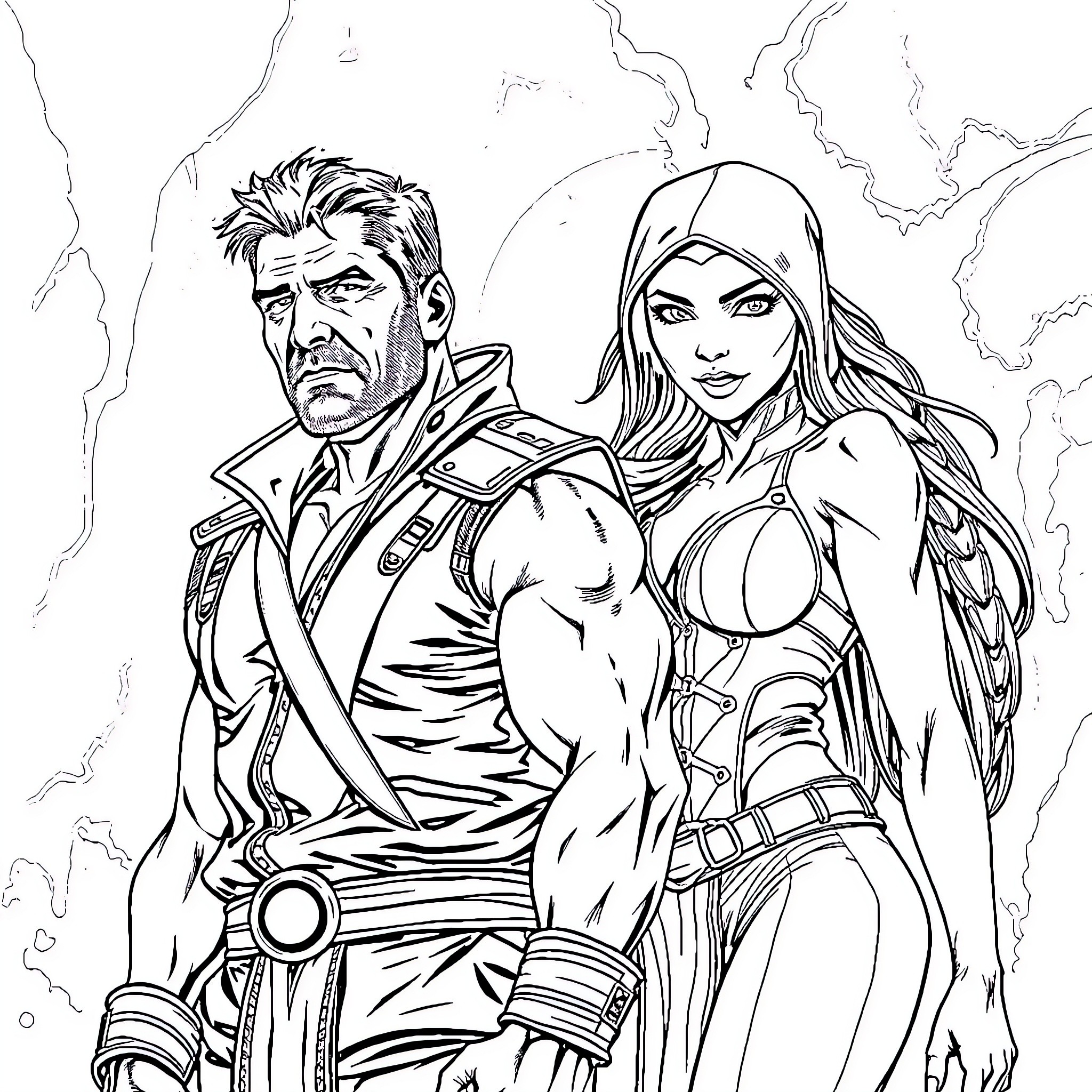 Johnny Cage and Sonya Blade in combat stance Coloring Page (free black-and-white line drawing printable PDF for all, from beginners to advanced learners, including children, teens, adults, and seniors)