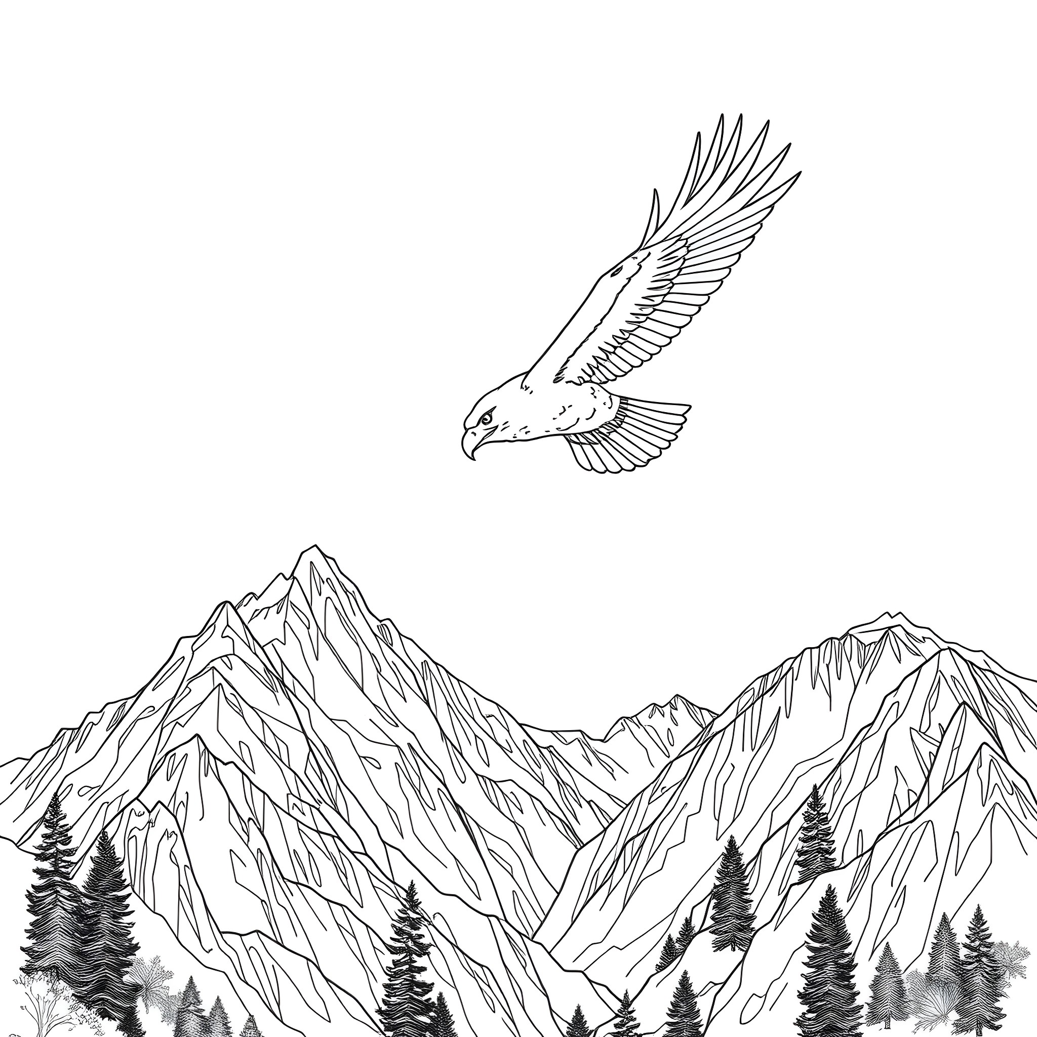 Eagle soaring over majestic mountain peaks Coloring Page (free black-and-white line drawing printable PDF for all, from beginners to advanced learners, including children, teens, adults, and seniors)