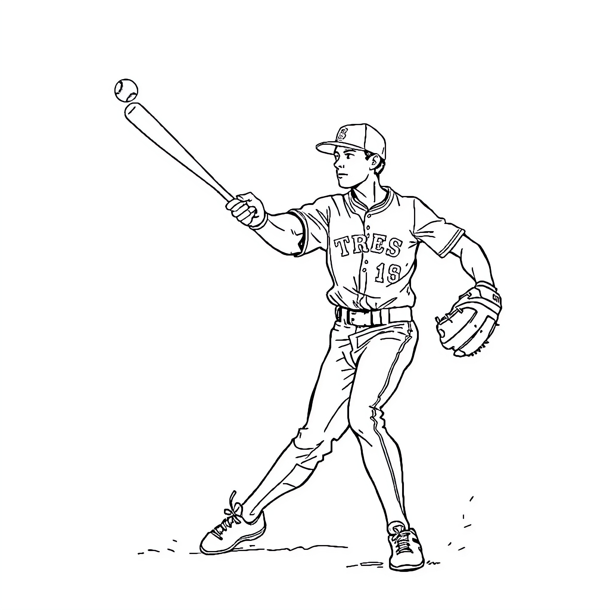 Baseball Player Batting with Glove and Uniform Coloring Page (free black-and-white line drawing printable PDF for all, from beginners to advanced learners, including children, teens, adults, and seniors)