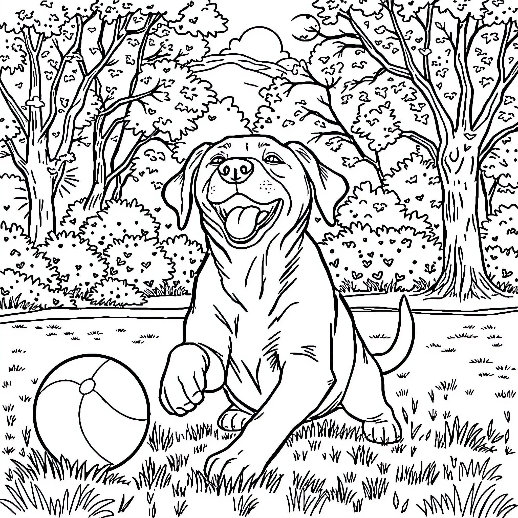 Labrador playing with ball in idyllic forest Coloring Page (free black-and-white line drawing printable PDF for all, from beginners to advanced learners, including children, teens, adults, and seniors)