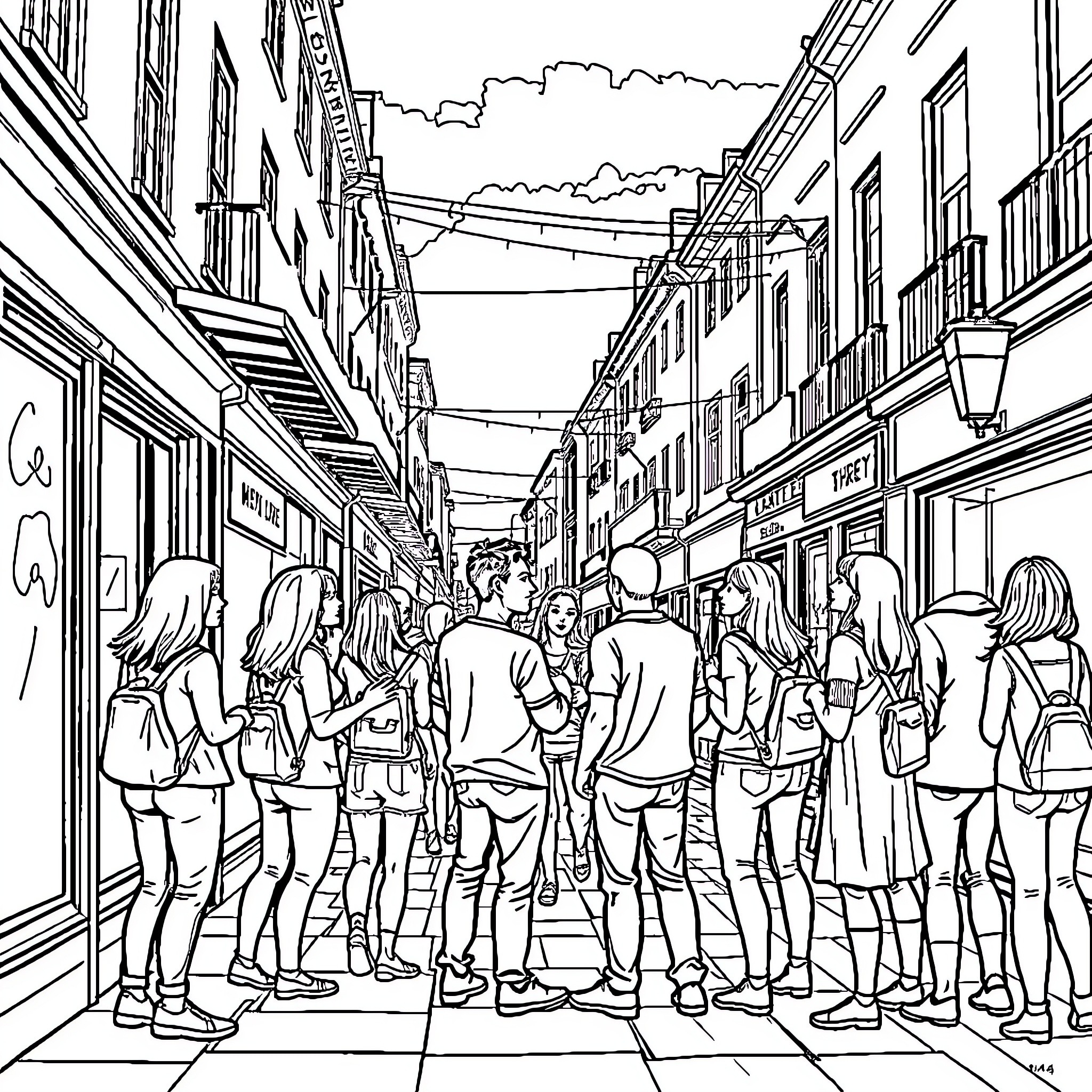 Gender Diversity: Vibrant Community in Urban Setting Coloring Page (free black-and-white line drawing printable PDF for all, from beginners to advanced learners, including children, teens, adults, and seniors)