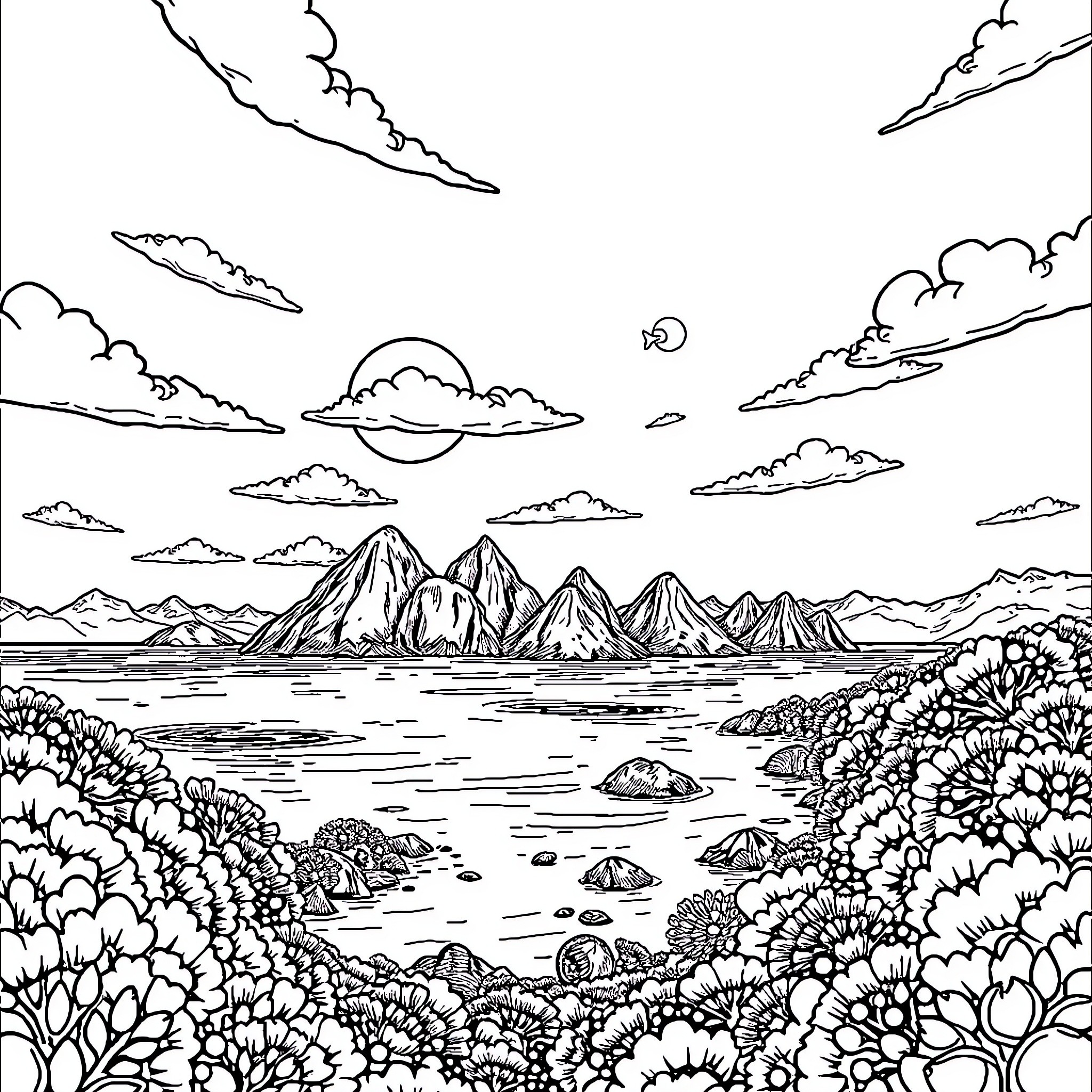 Wakatobi: Tranquil island scenery with mountainous backdrop Coloring Page (free black-and-white line drawing printable PDF for all, from beginners to advanced learners, including children, teens, adults, and seniors)