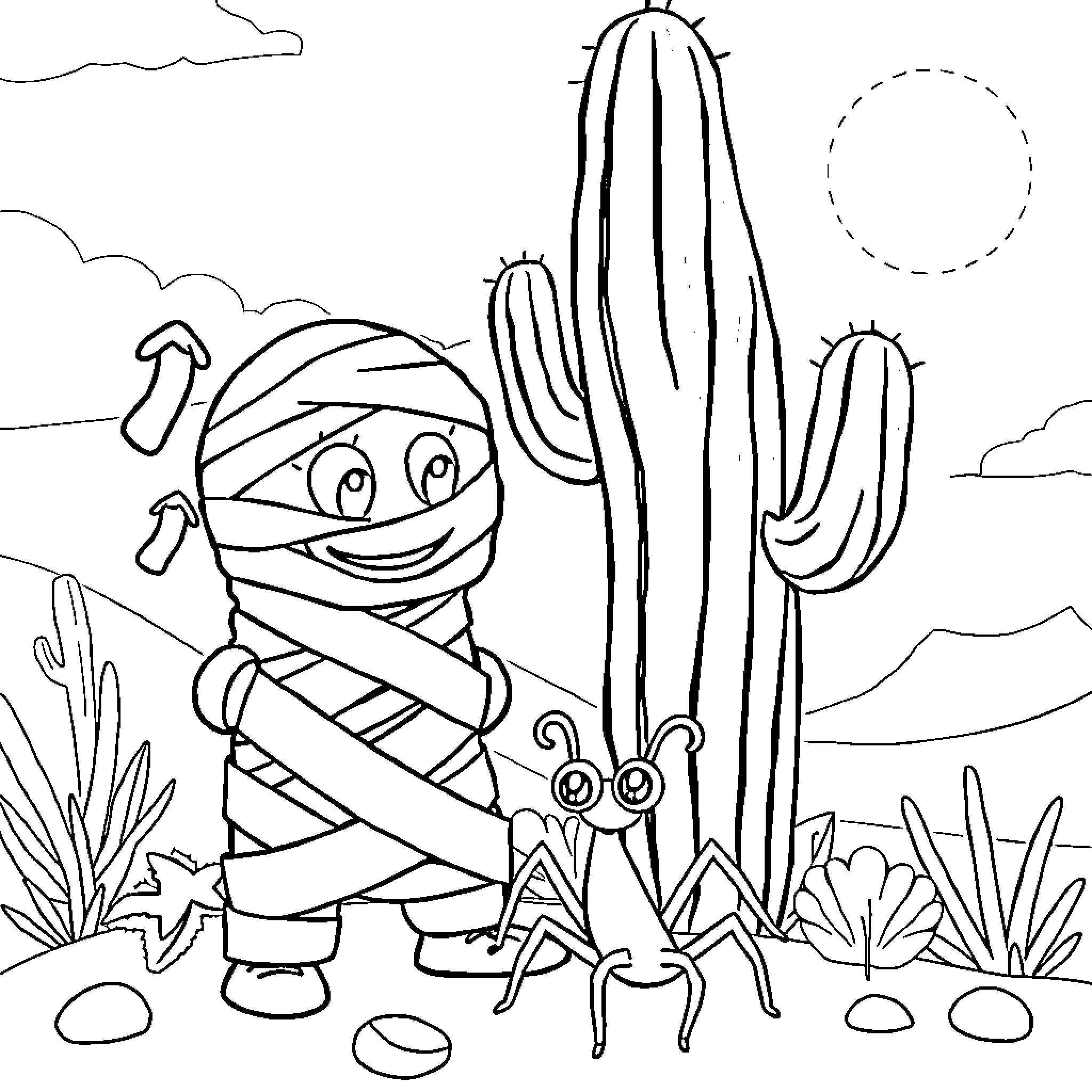 Mummy explores the desert with cactus companions Coloring Page (free black-and-white line drawing printable PDF for all, from beginners to advanced learners, including children, teens, adults, and seniors)