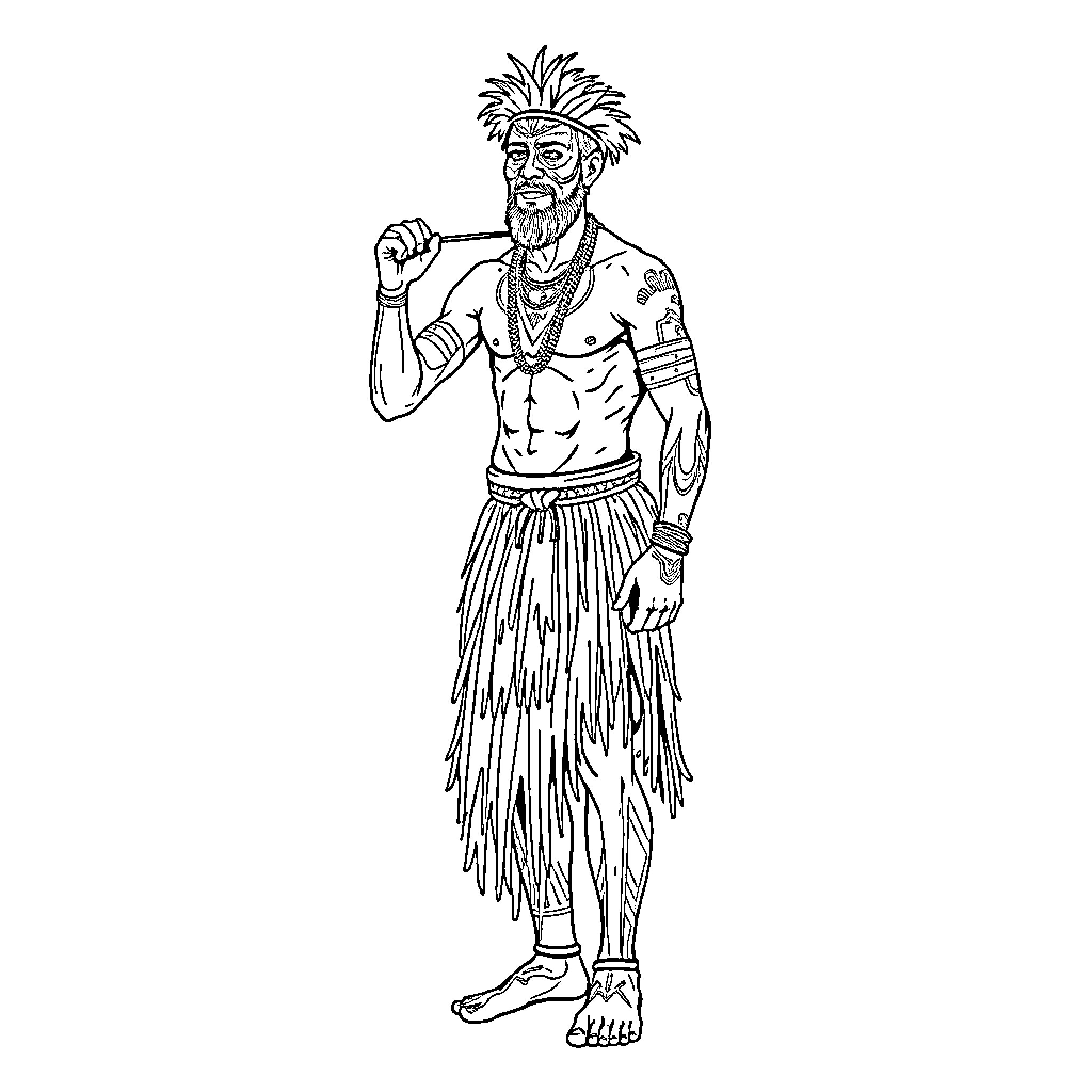 Man in tribal costume with tribal tattoos Coloring Page (free black-and-white line drawing printable PDF for all, from beginners to advanced learners, including children, teens, adults, and seniors)