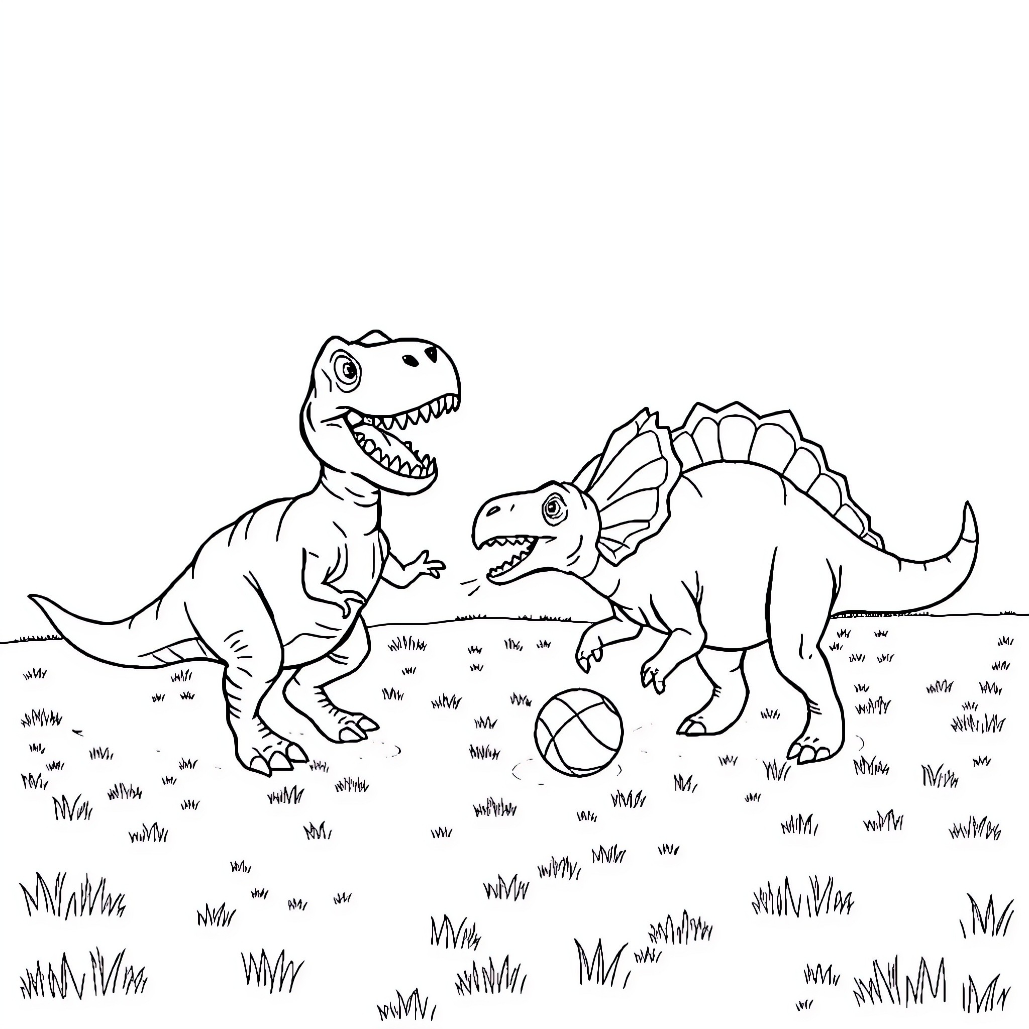 Dinosaurs playing together with ball in field Coloring Page (free black-and-white line drawing printable PDF for all, from beginners to advanced learners, including children, teens, adults, and seniors)