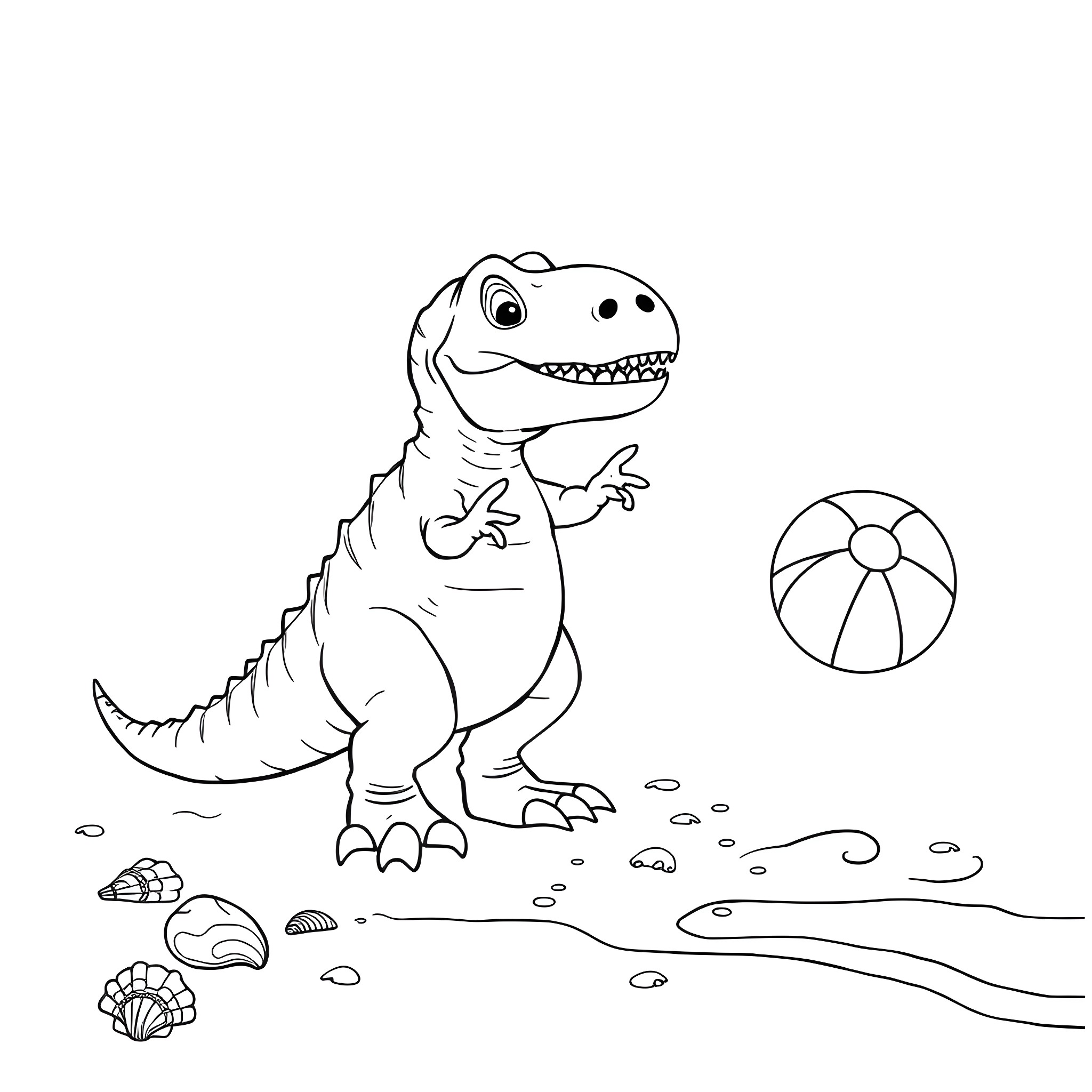 T-Rex playing happily with a beach ball Coloring Page (free black-and-white line drawing printable PDF for all, from beginners to advanced learners, including children, teens, adults, and seniors)