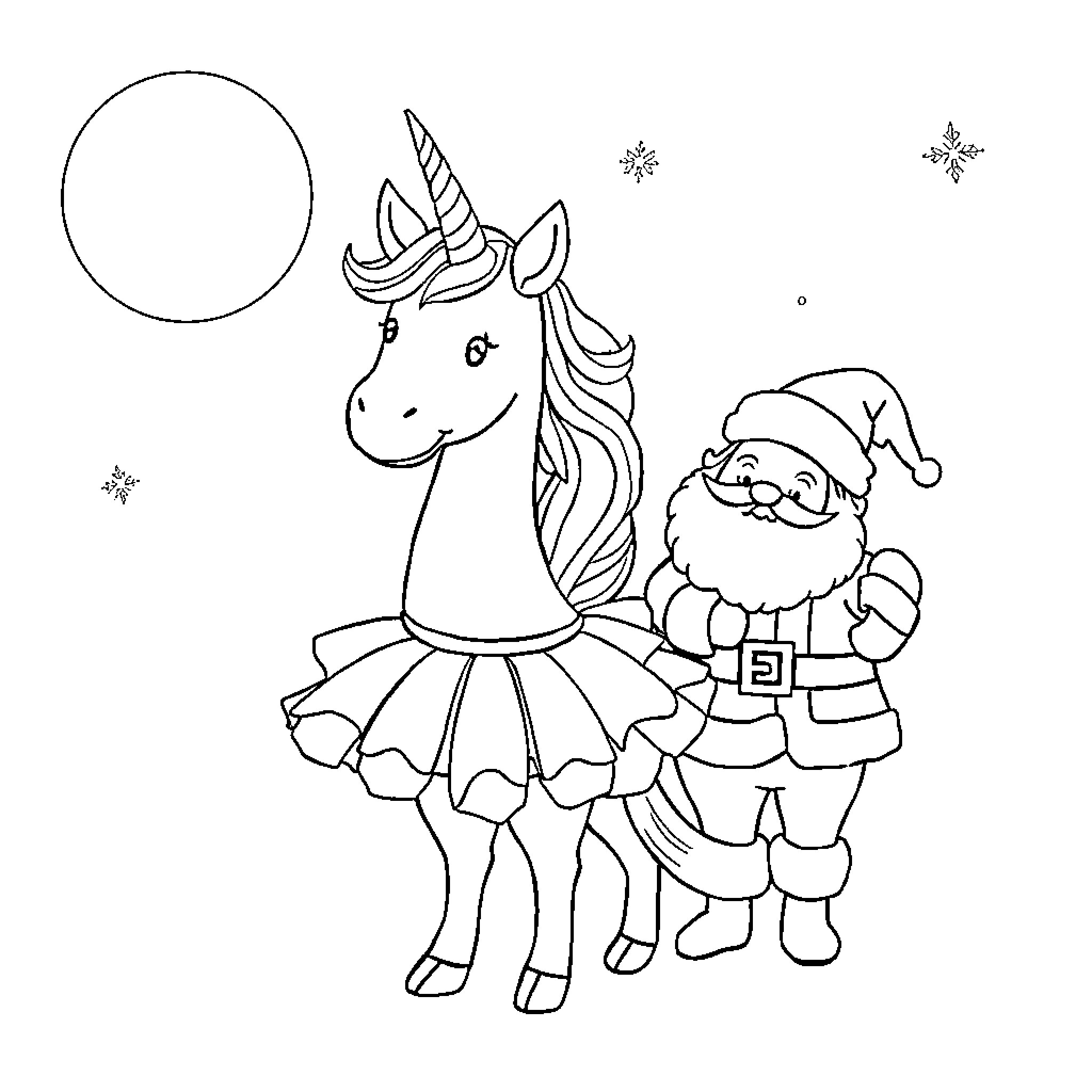Unicorn and Santa in Winter Wonderland Coloring Page (free black-and-white line drawing printable PDF for all, from beginners to advanced learners, including children, teens, adults, and seniors)
