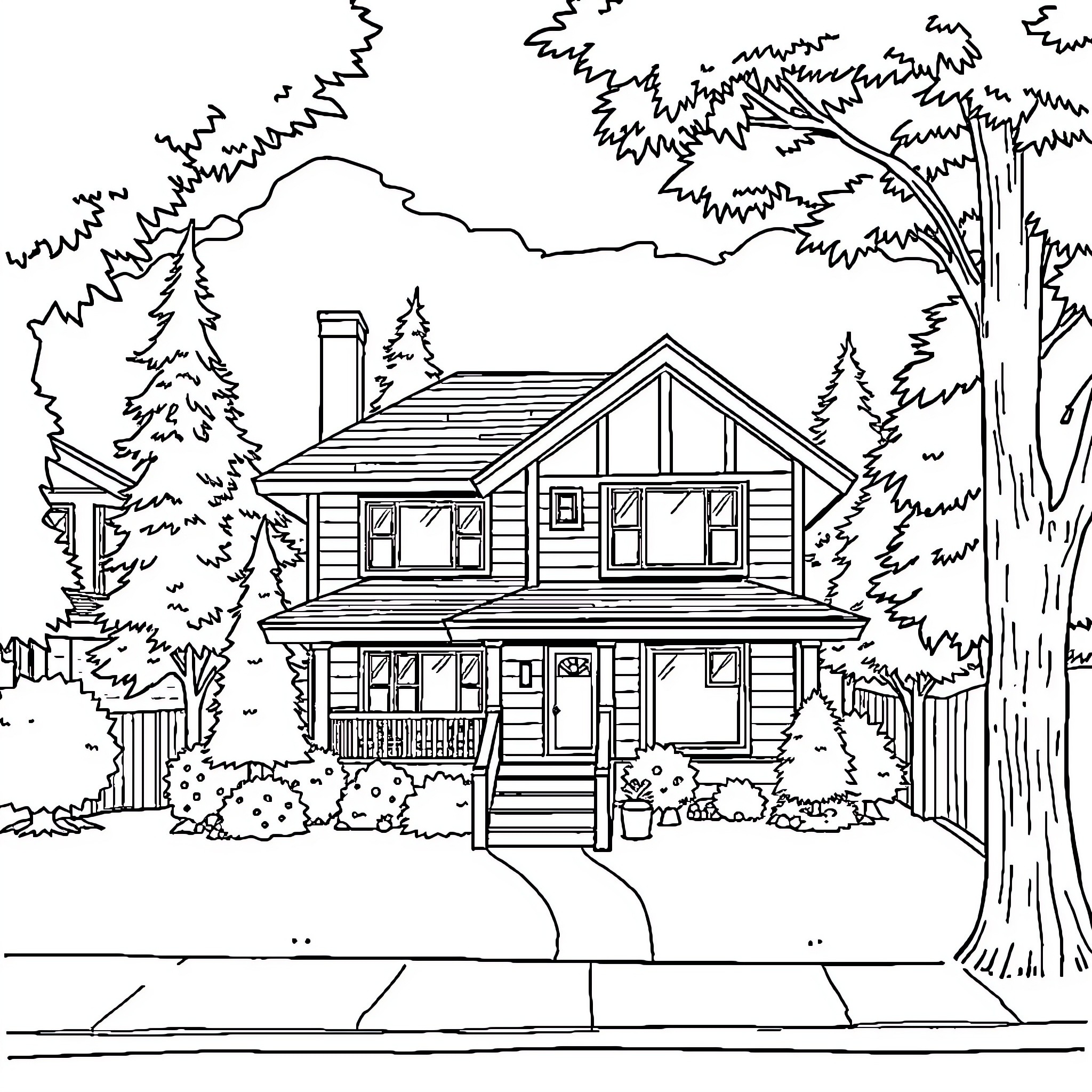 Address Suburban Residential House with Trees Coloring Page (free black-and-white line drawing printable PDF for all, from beginners to advanced learners, including children, teens, adults, and seniors)